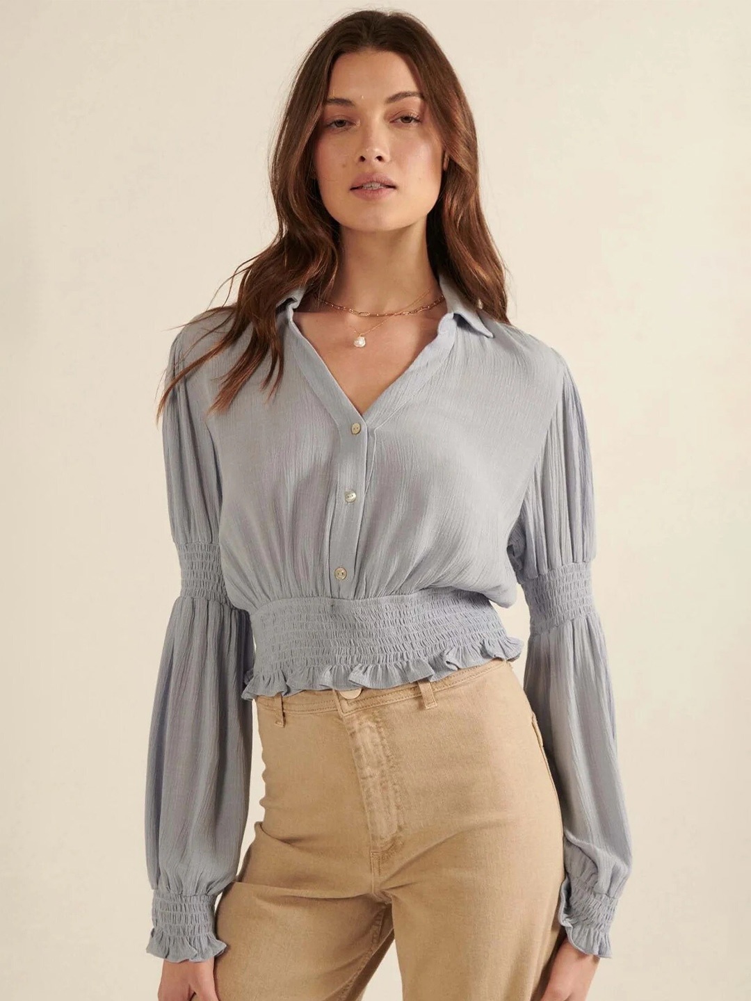 

FNOCKS Puff Sleeve Cotton Blouson Top, Grey