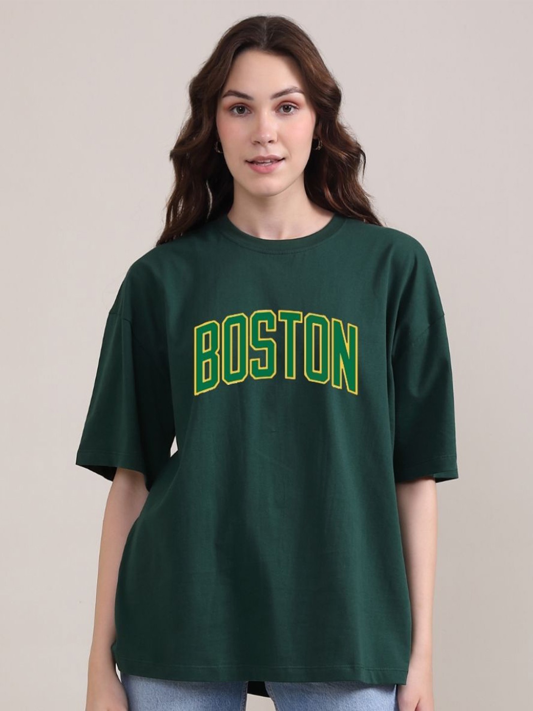 

BOTNIA Unisex Typography Printed Round Neck Oversized Cotton T-shirt, Green