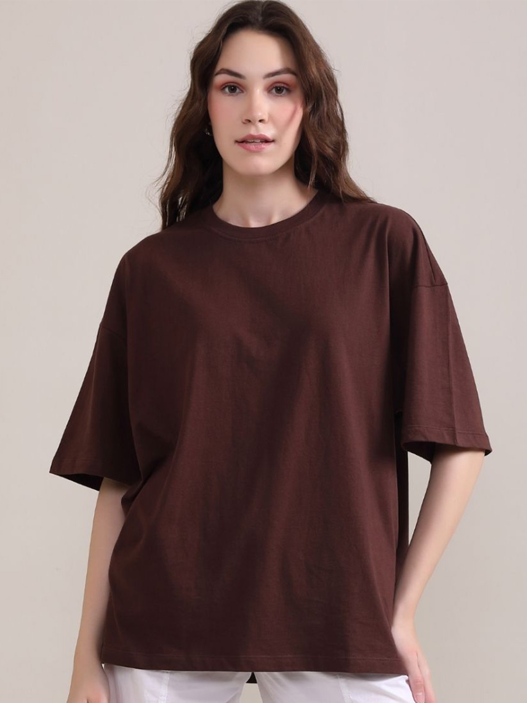 

BOTNIA Unisex Round Neck Oversized Cotton T-shirt, Brown