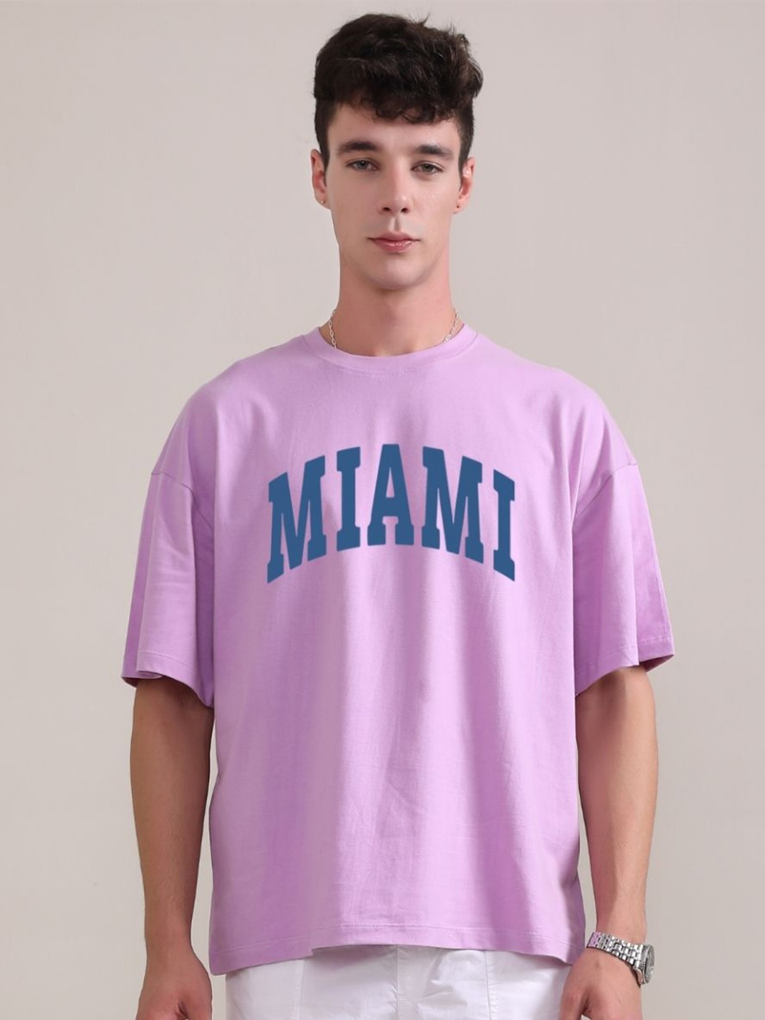 

BOTNIA Unisex Typography Printed Round Neck Oversized Cotton T-shirt, Lavender