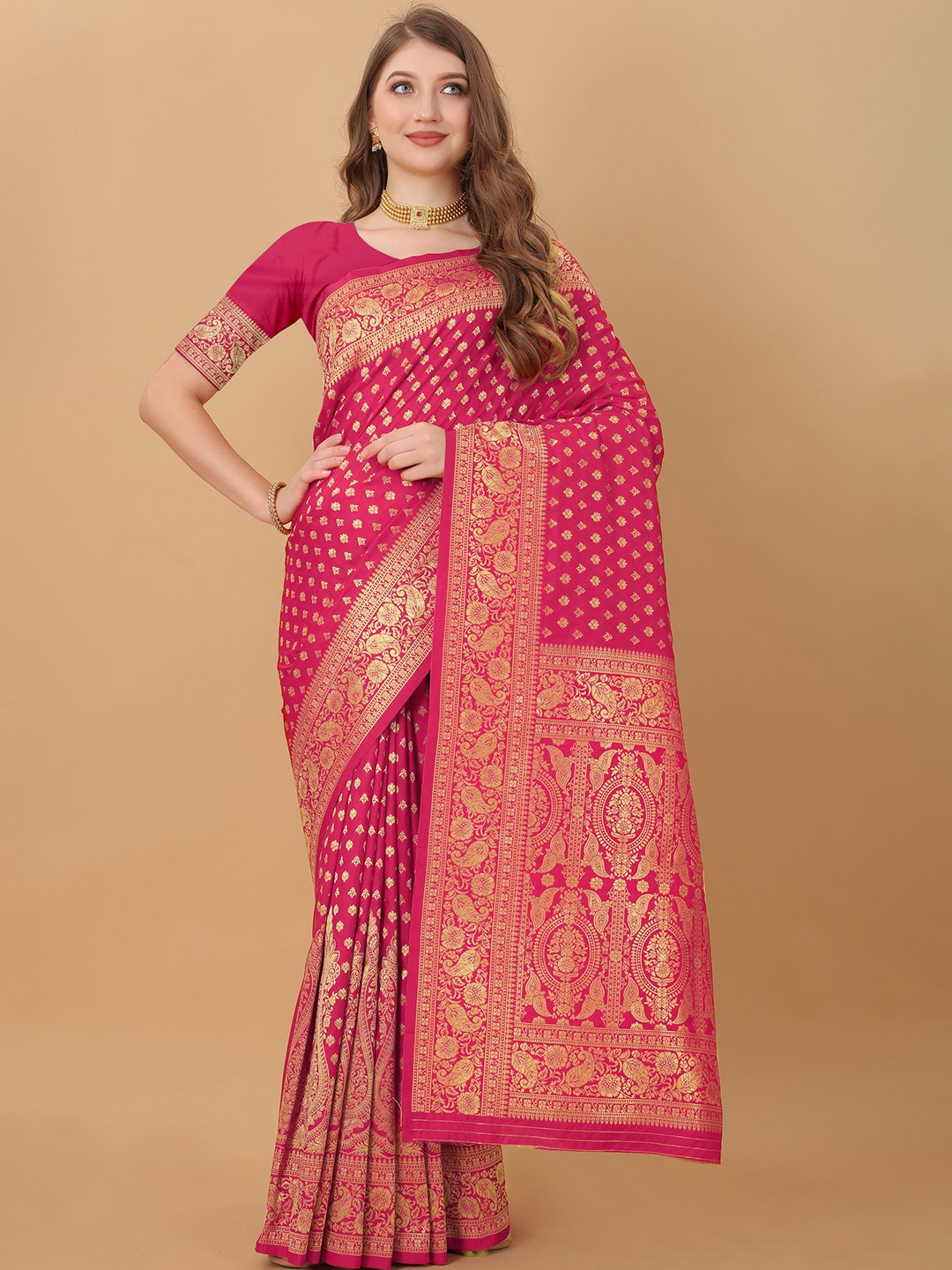 

DIVASTRI Ethnic Motifs Woven Design Zari Detailed Banarasi Saree, Pink