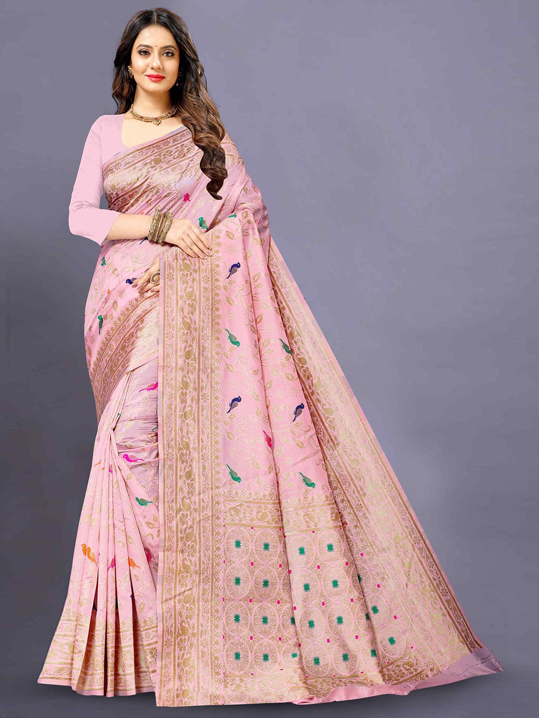 

DIVASTRI Ethnic Motifs Woven Design Zari Banarasi Saree, Pink