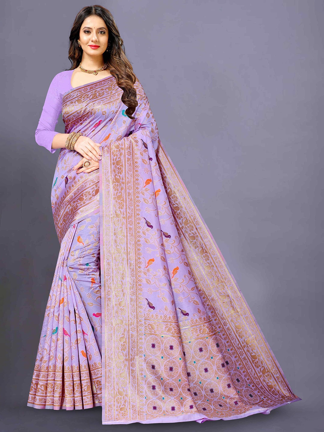 

DIVASTRI Ethnic Motifs Woven Design Zari Banarasi Saree, Purple
