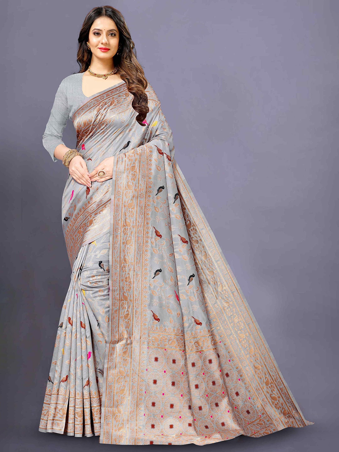 

DIVASTRI Ethnic Motifs Woven Design Zari Banarasi Saree, Grey