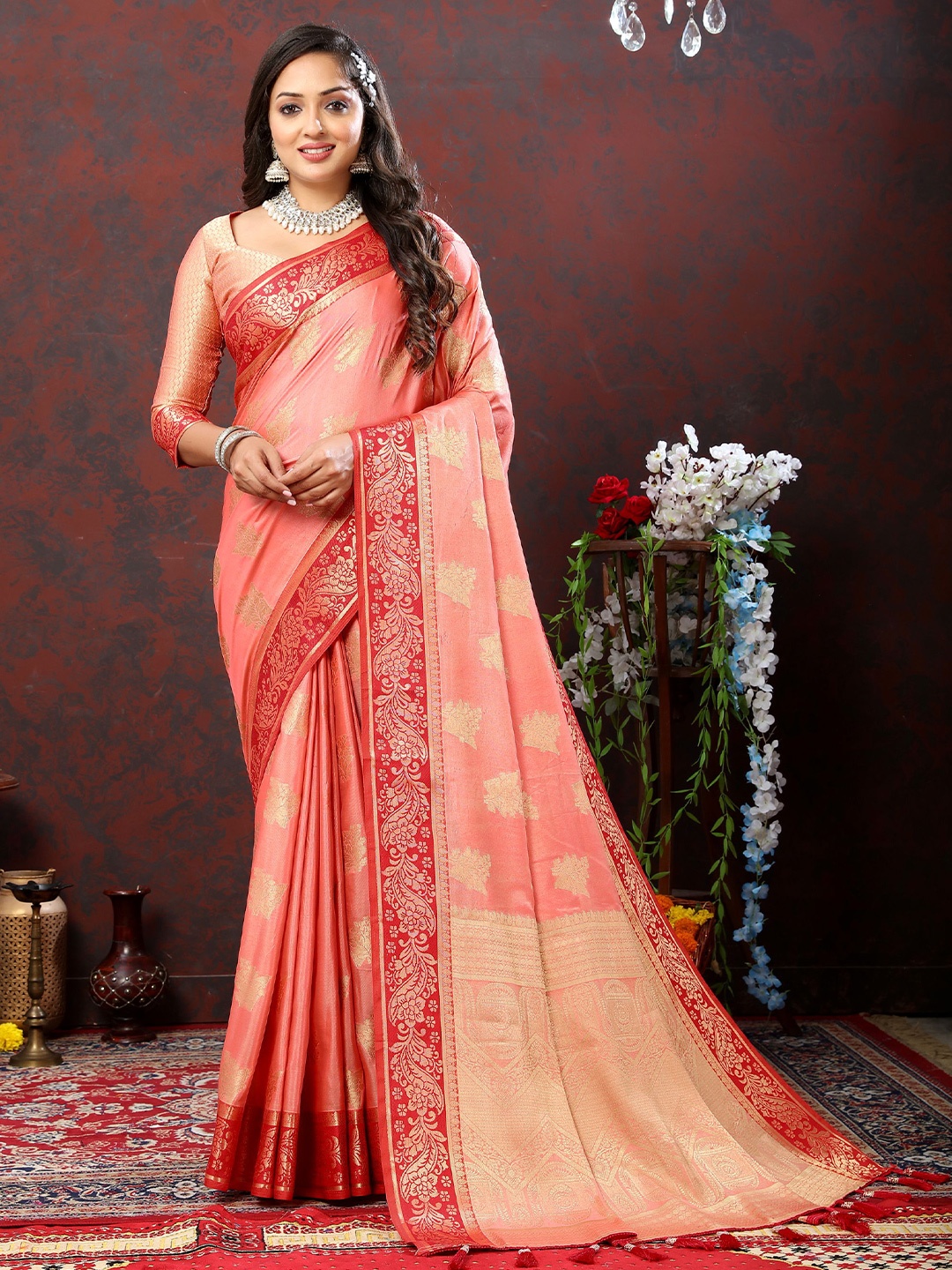 

DIVASTRI Ethnic Motifs Woven Design Zari Banarasi Saree, Peach