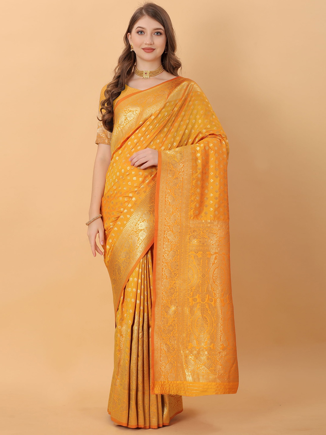 

DIVASTRI Ethnic Motifs Woven Design Zari Banarasi Saree, Orange