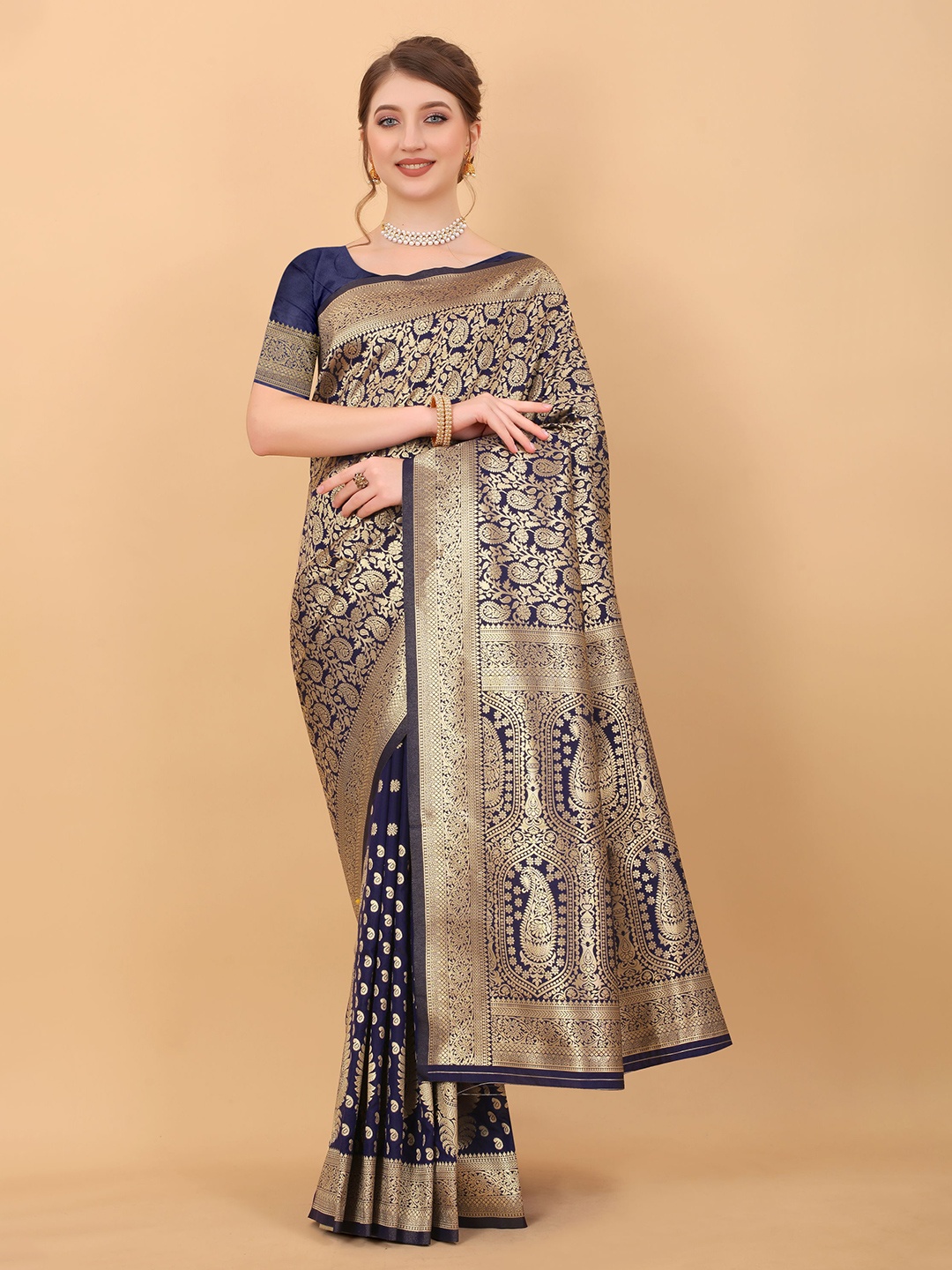 

DIVASTRI Ethnic Motifs Woven Design Zari Banarasi Saree, Blue