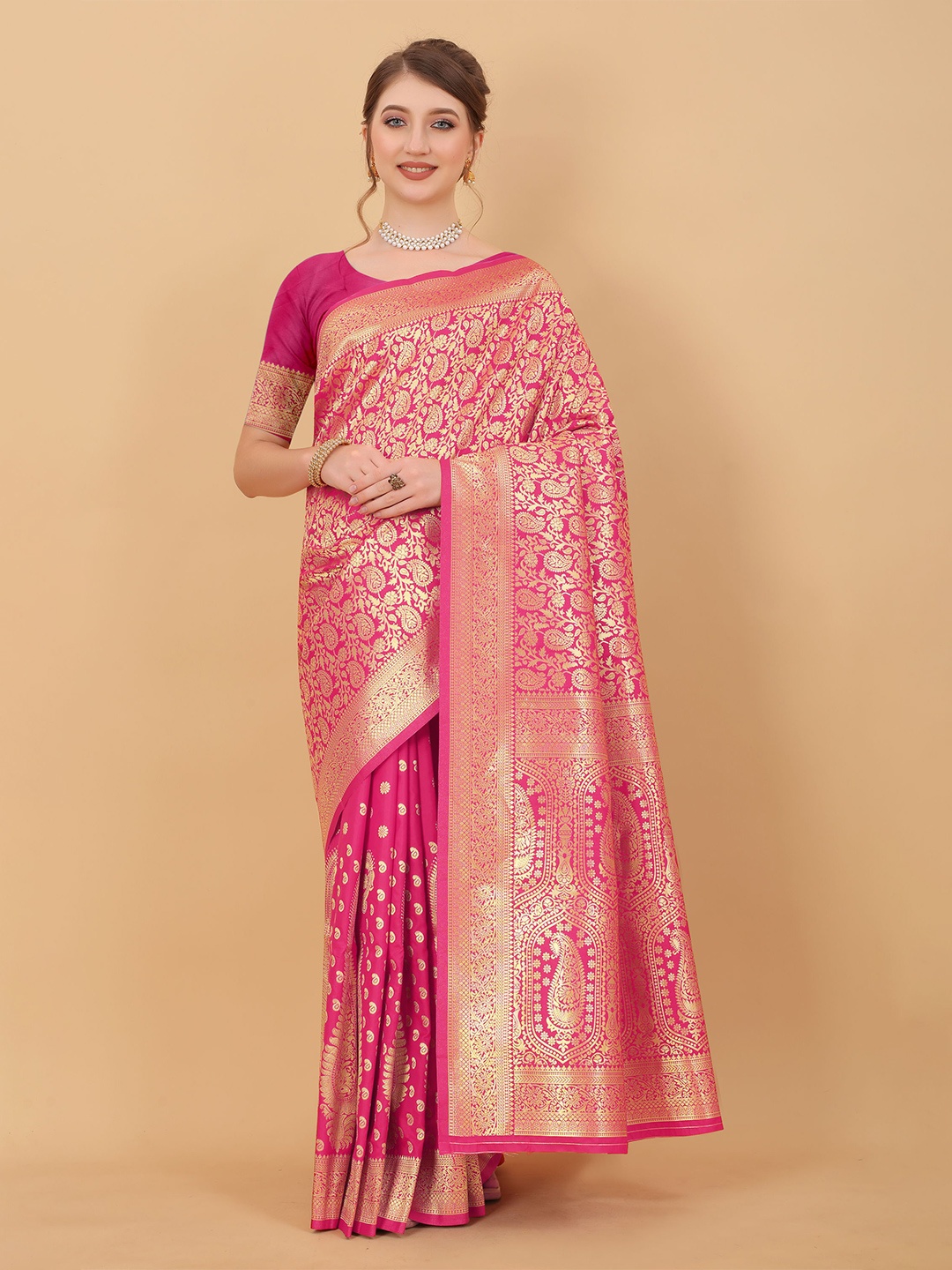 

DIVASTRI Ethnic Motifs Woven Design Zari Banarasi Saree, Pink