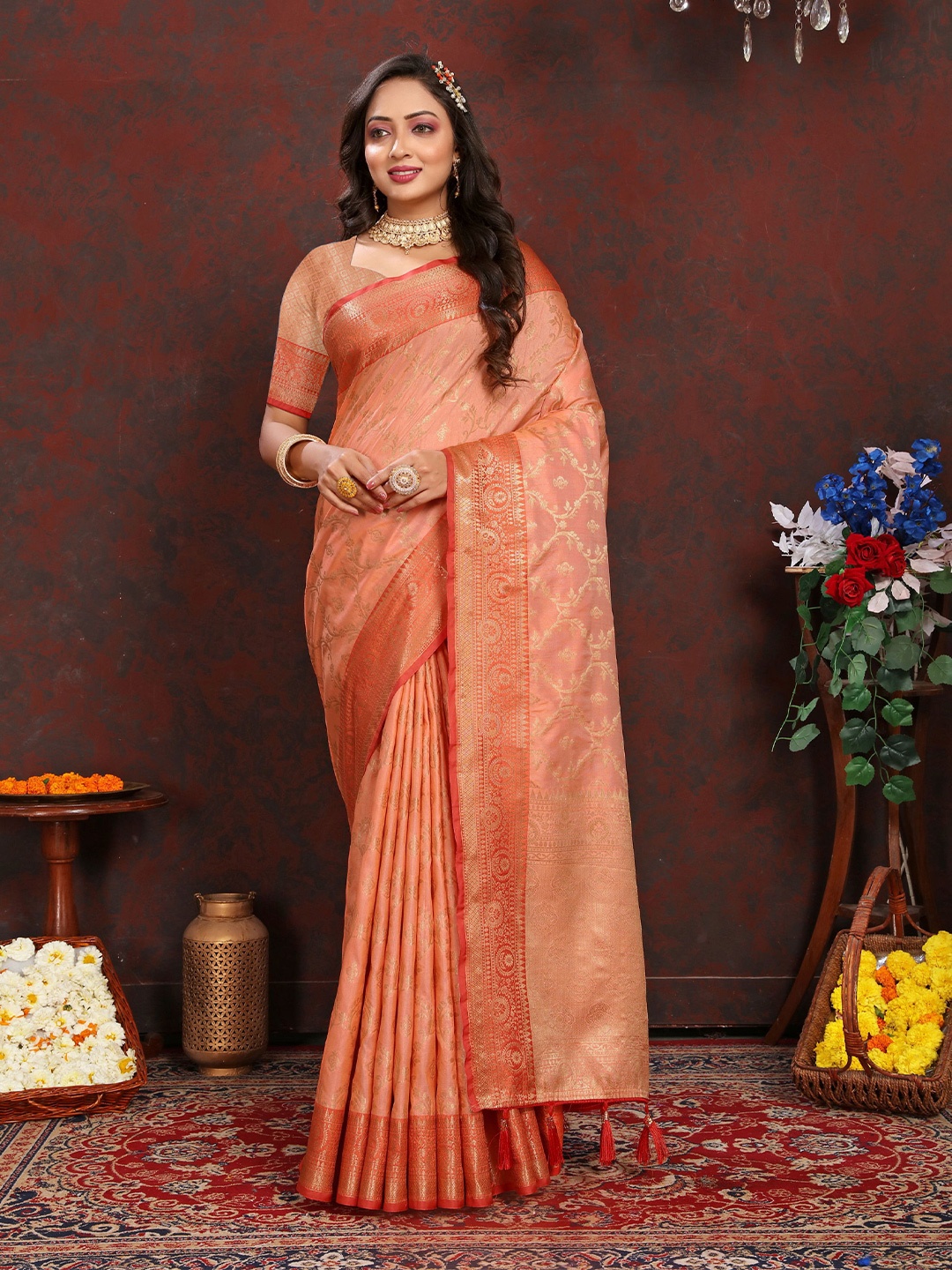 

DIVASTRI Ethnic Motifs Woven Design Zari Banarasi Saree, Peach