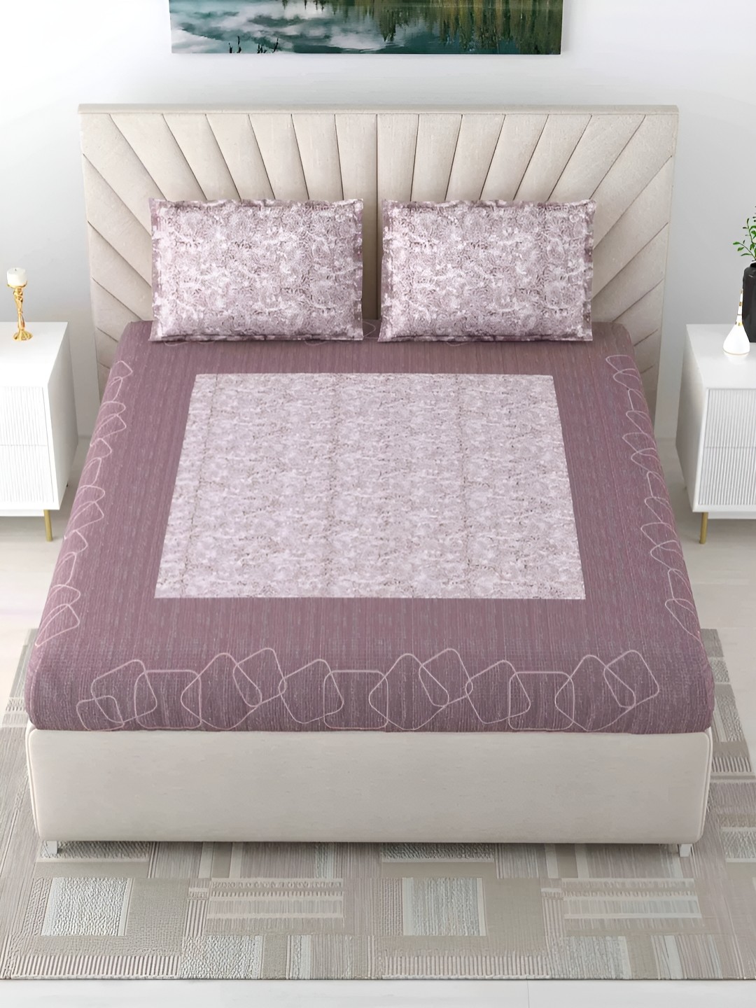 

LIVING ROOTS Super King Size Jaipur Block Print Cotton Double Bedsheet & 2 Pillow Covers, Purple