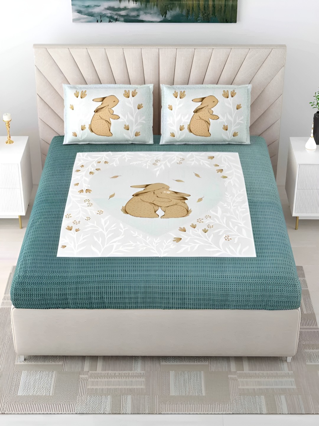 

LIVING ROOTS Super King Size Jaipur Block Print Cotton Double Bedsheet & 2 Pillow Covers, Green