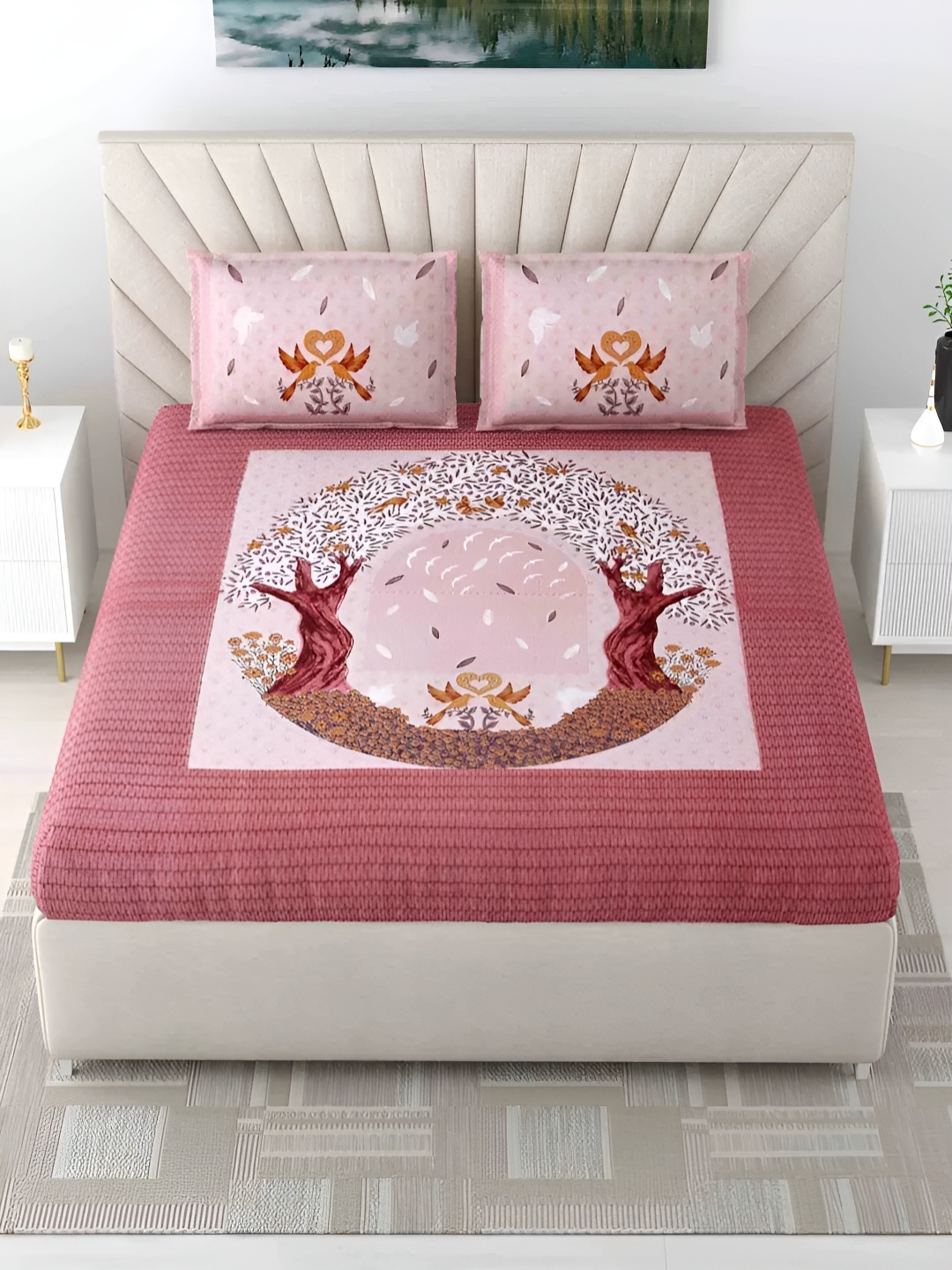 

LIVING ROOTS Super King Size Jaipur Block Print Cotton Double Bedsheet & 2 Pillow Covers, Pink