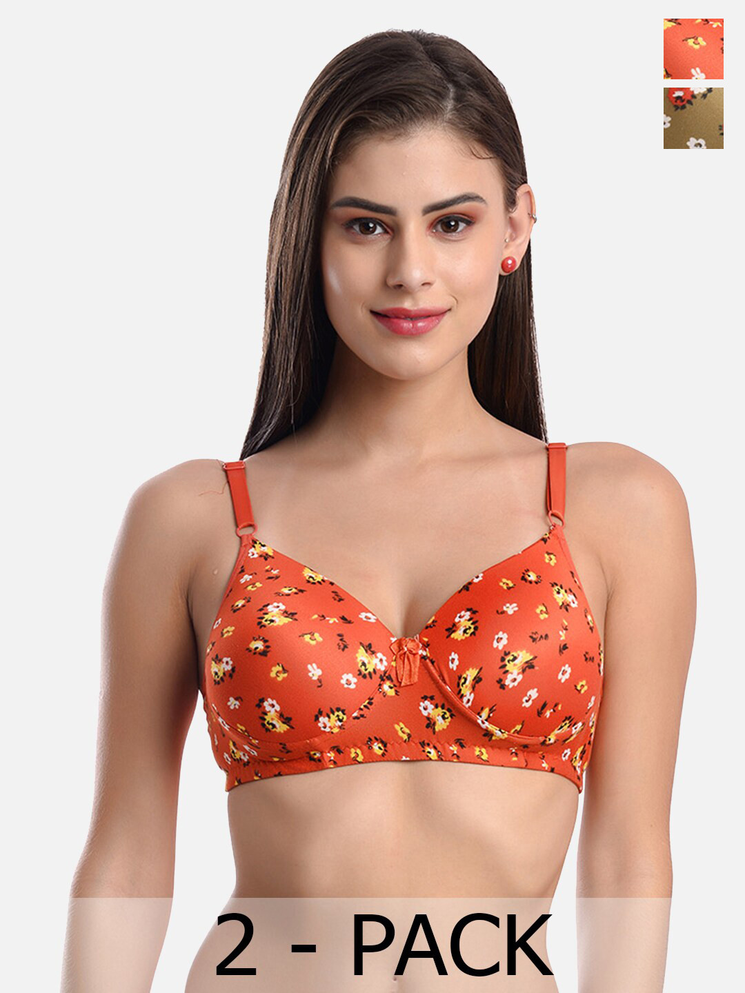 

FIMS Pack of 2 Floral Printed Full Coverage Everyday Bras With All Day Comfort, Orange