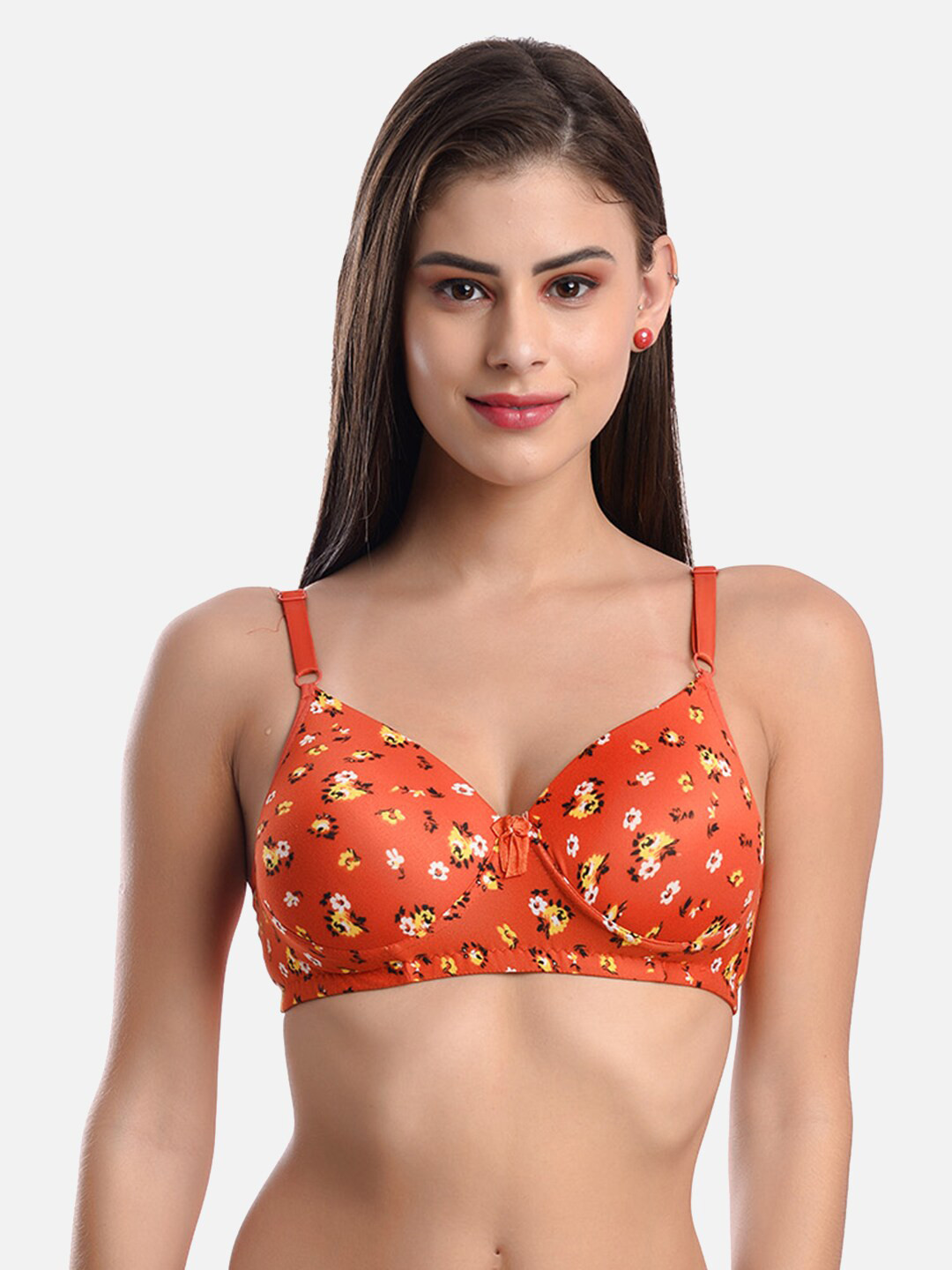 

FIMS Floral Printed Full Coverage Lightly Padded Everyday Bra With All Day Comfort, Orange