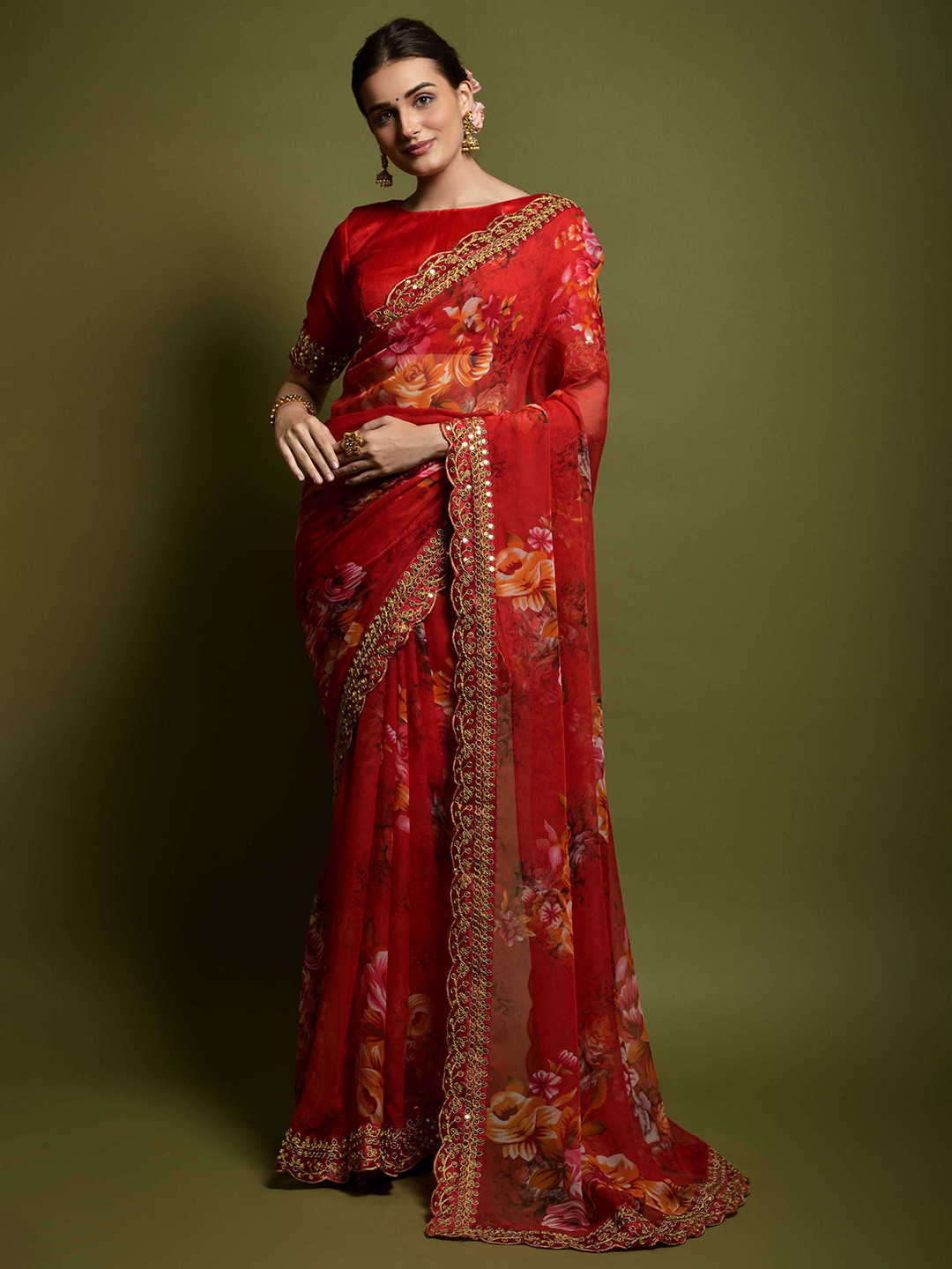 

Mitera Floral Printed Embroidered Saree, Red