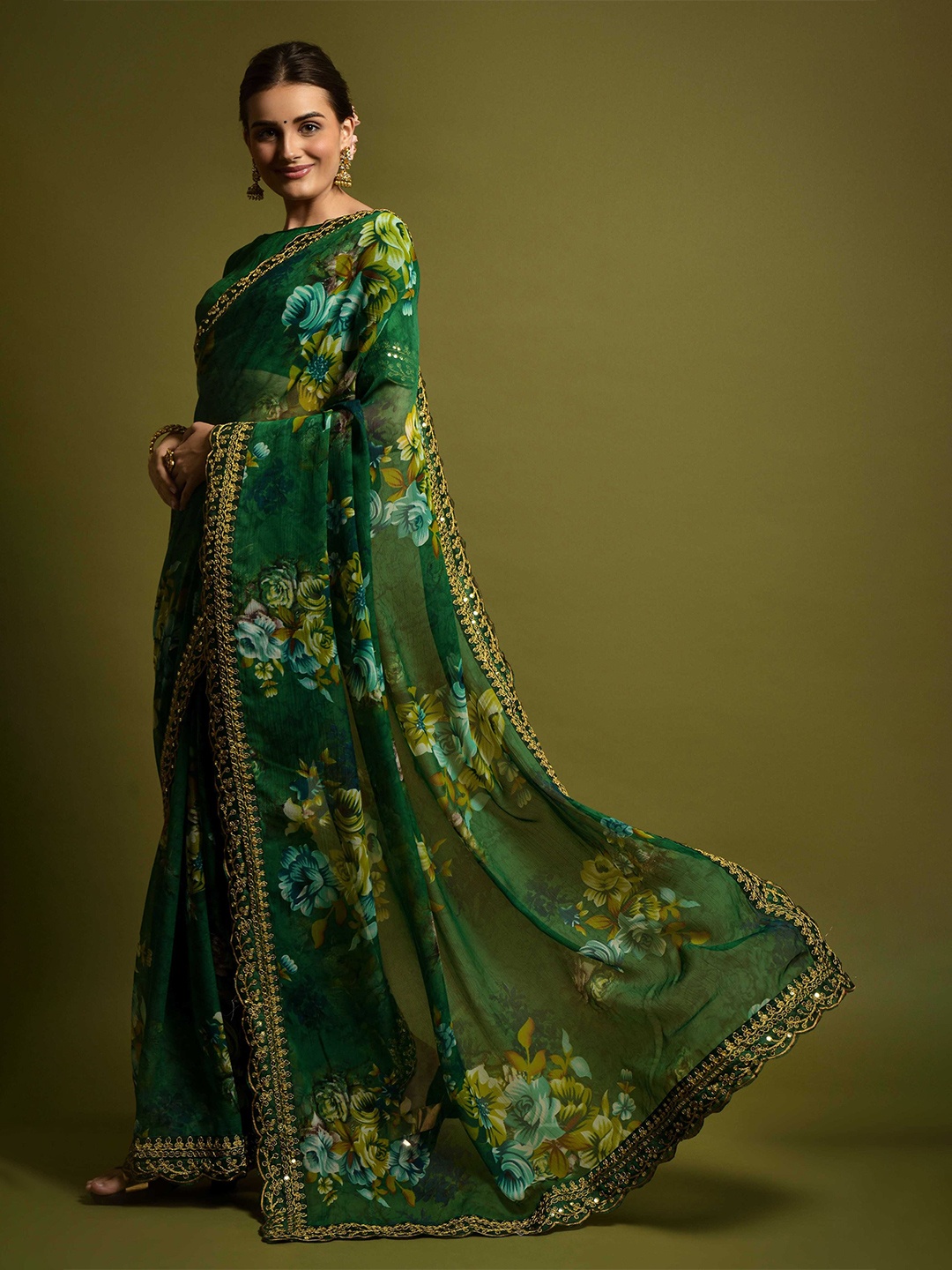 

Mitera Floral Printed Embellished Mirror Work Saree, Green