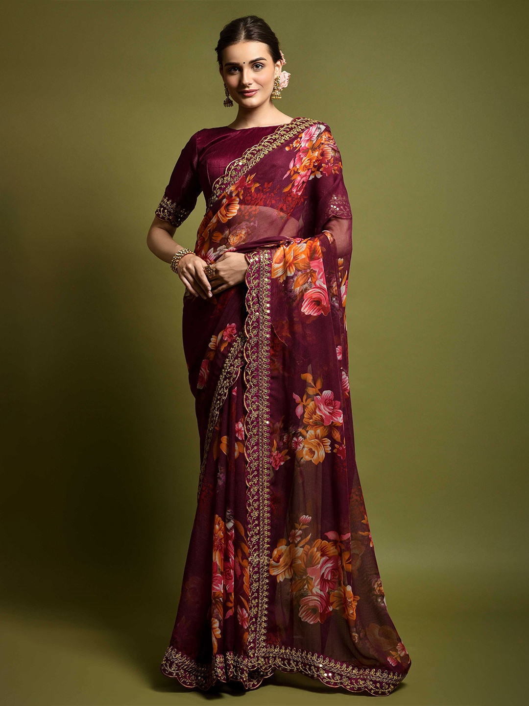 

Mitera Floral Printed Sequinned Saree, Purple