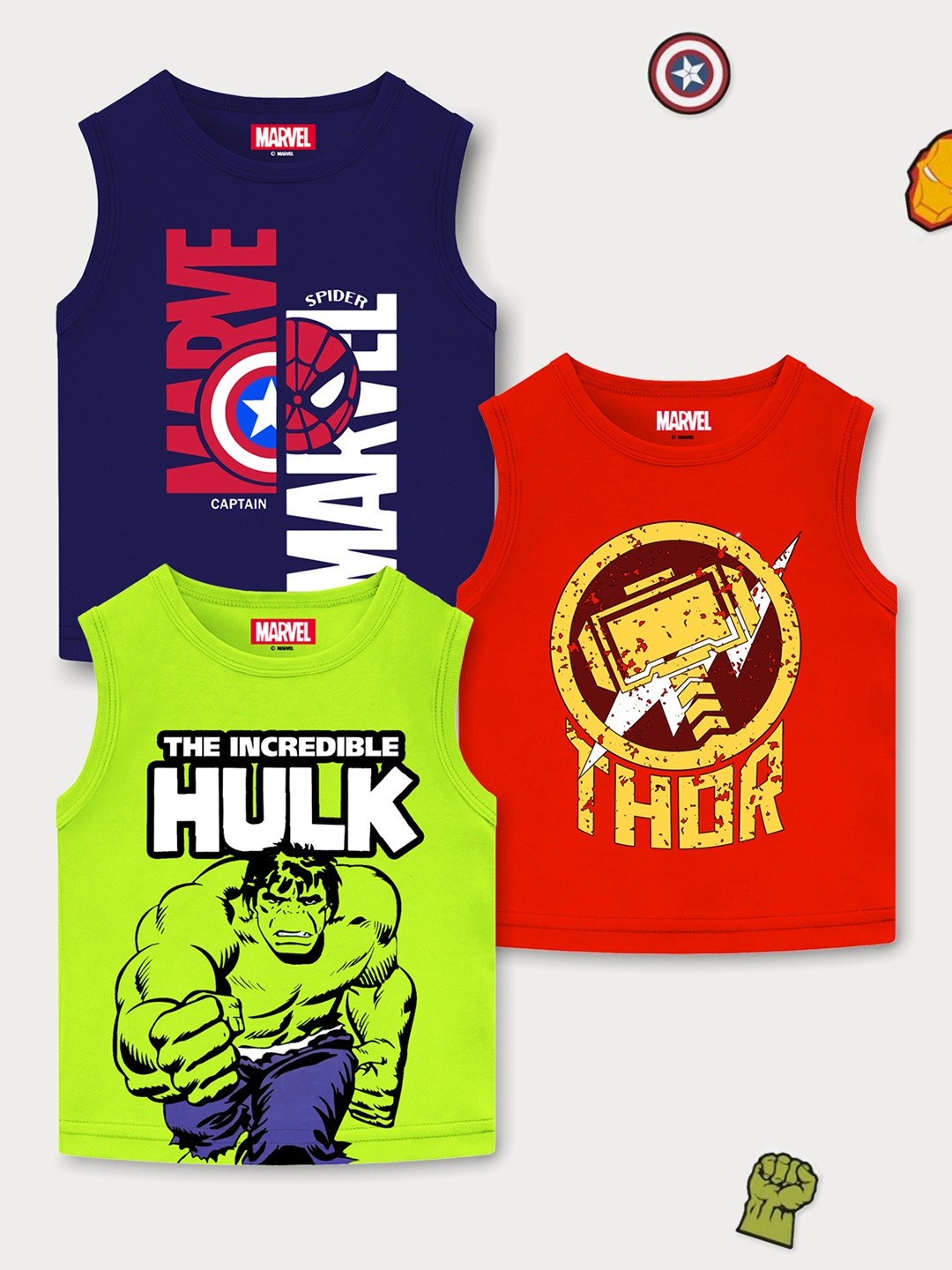 

YK Marvel Pack Of 3 Boys Avengers Printed Applique T-shirt, Green