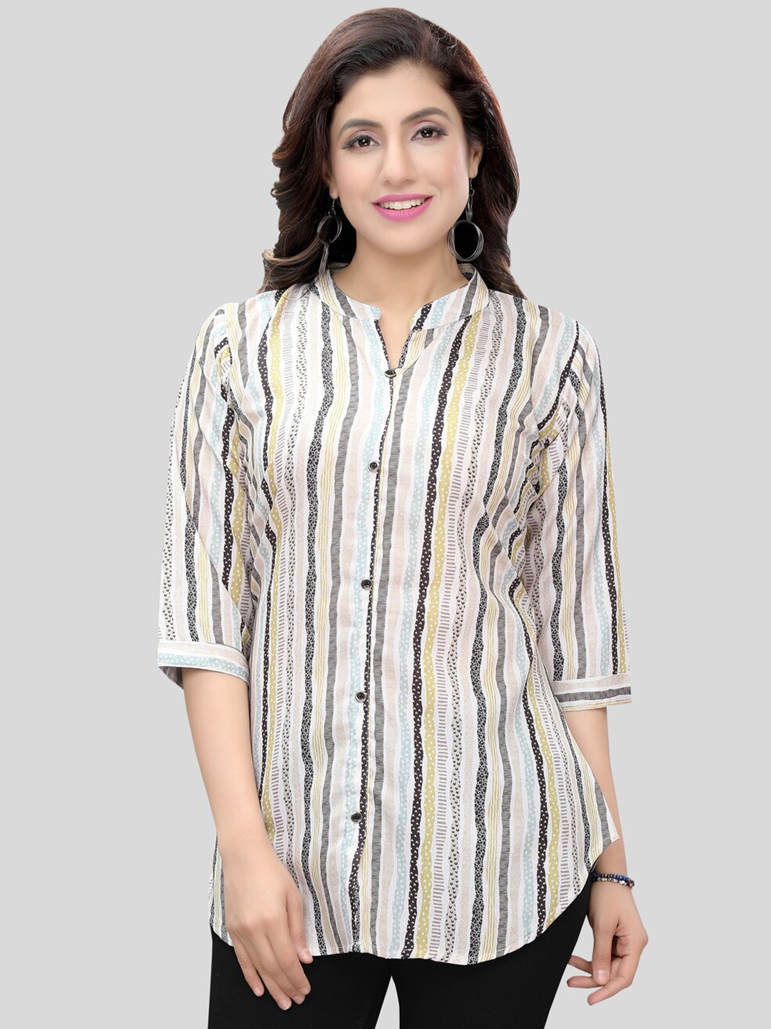 

Saree Swarg Mandarin Collar Printed Kurti, Cream