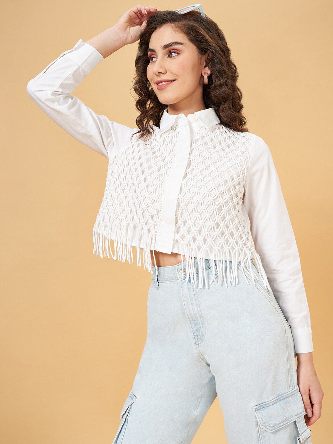 

People Women Self Design Shirt Collar Fringed Boxy Cotton Crop Top, White