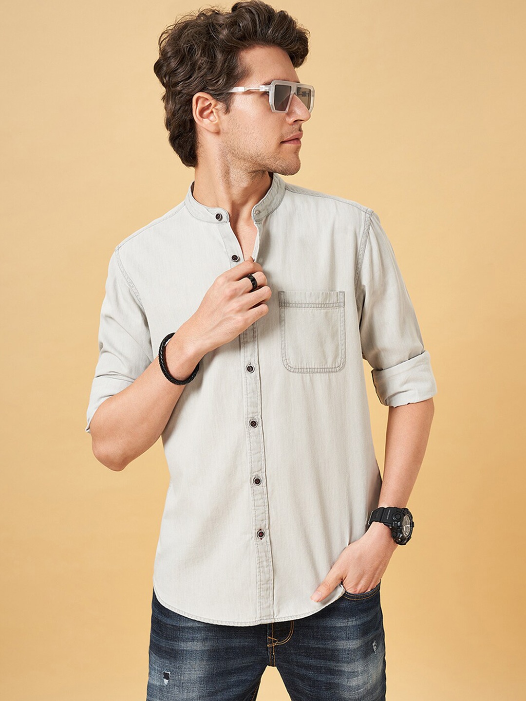 

SF JEANS by Pantaloons Mandarin Collar Slim Fit Cotton Opaque Casual Shirt, Grey
