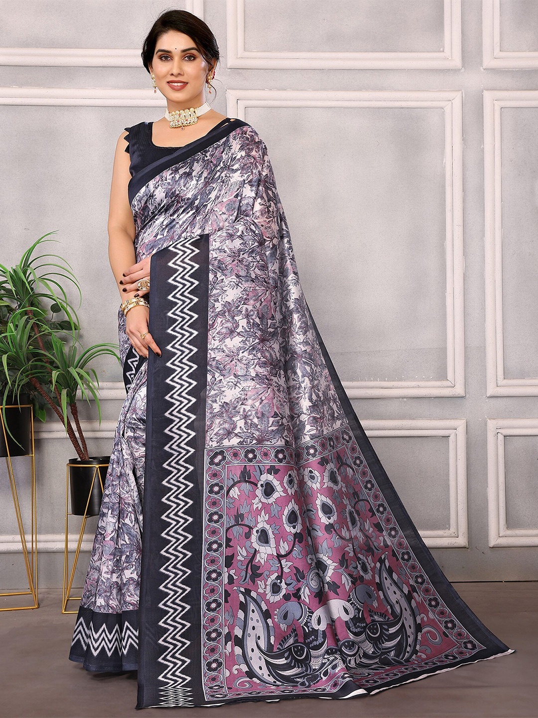 

KALINI Floral Printed Mysore Silk Saree, Navy blue