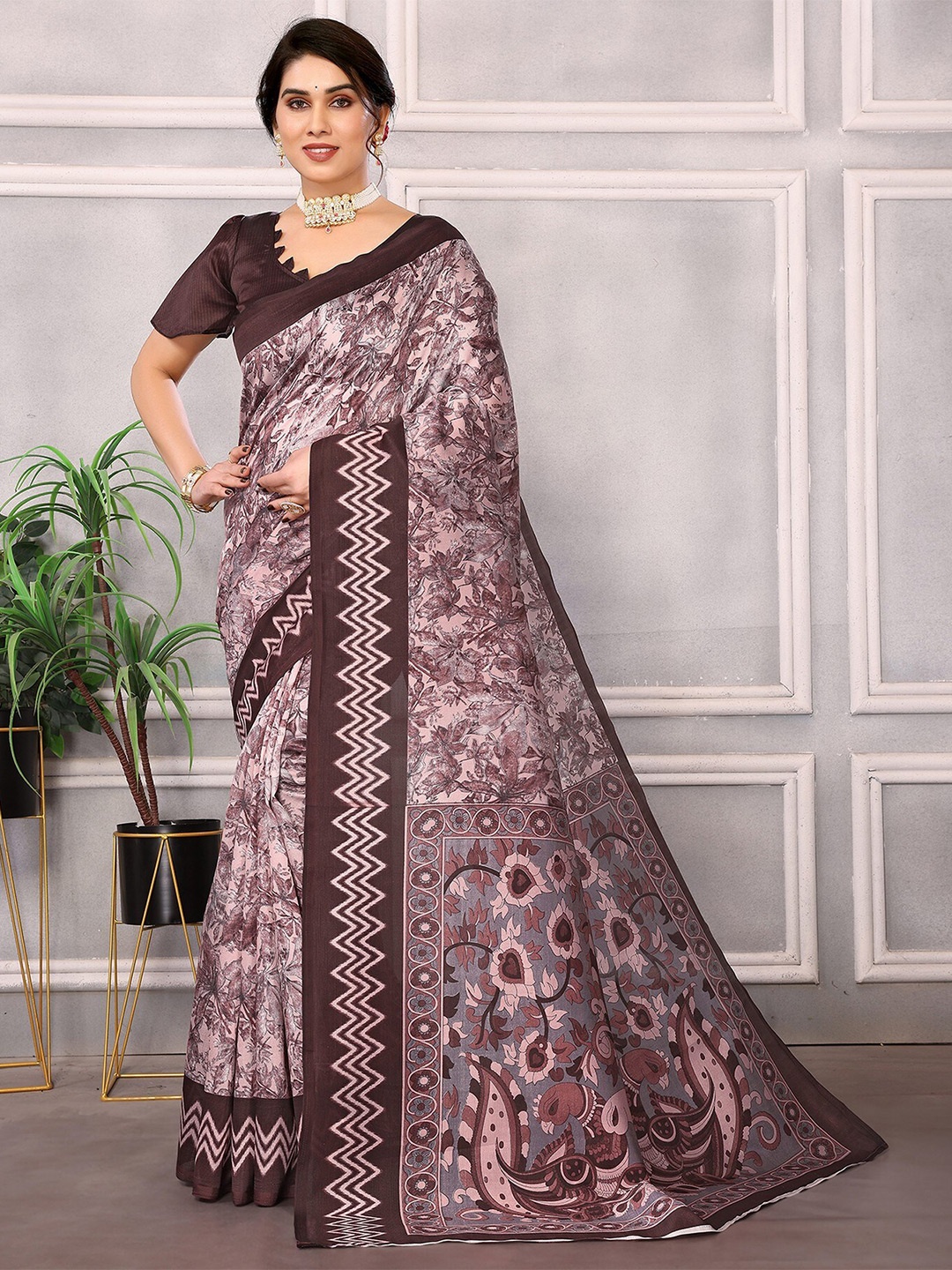 

KALINI Floral Printed Art Silk Mysore Silk Saree, Maroon