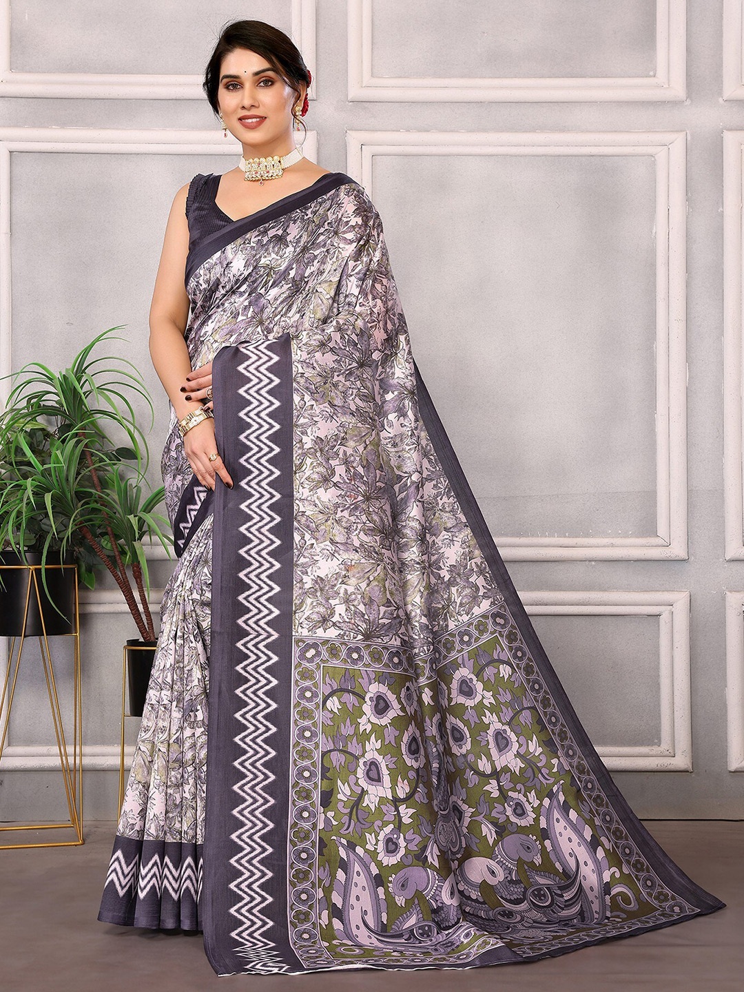 

KALINI Floral Printed Art Silk Mysore Silk Saree, Purple