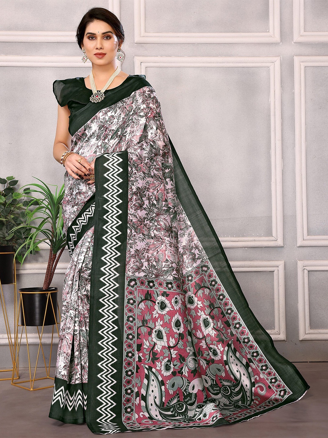 

KALINI Floral Printed Mysore Silk Saree, Green