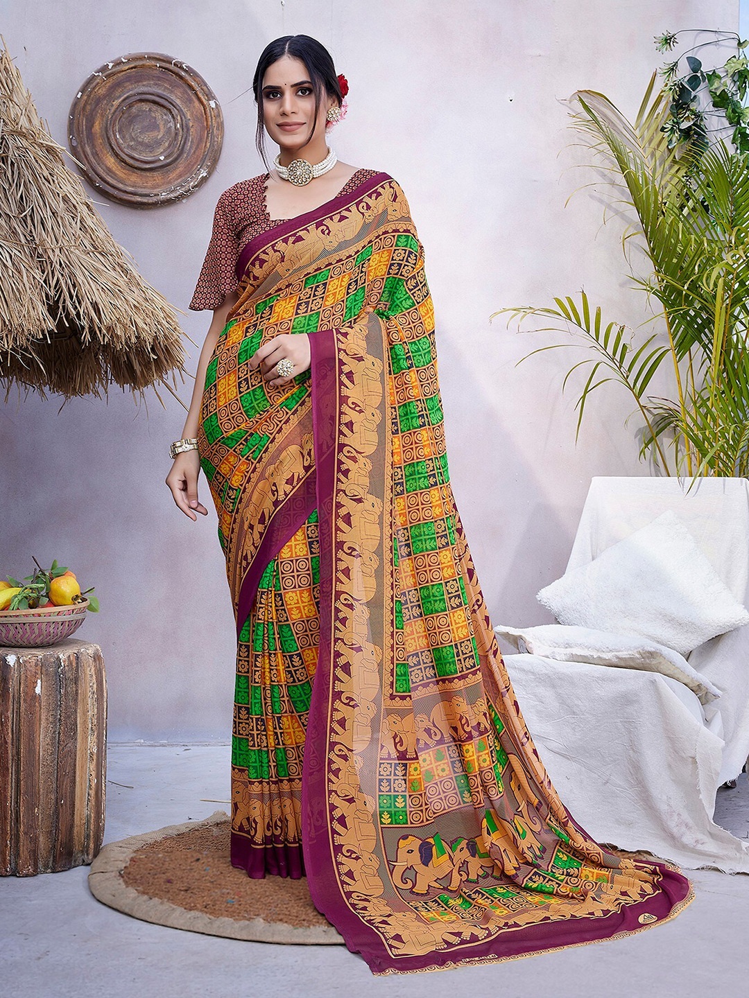 

KALINI Ethnic Motifs Printed Leheriya Saree, Maroon