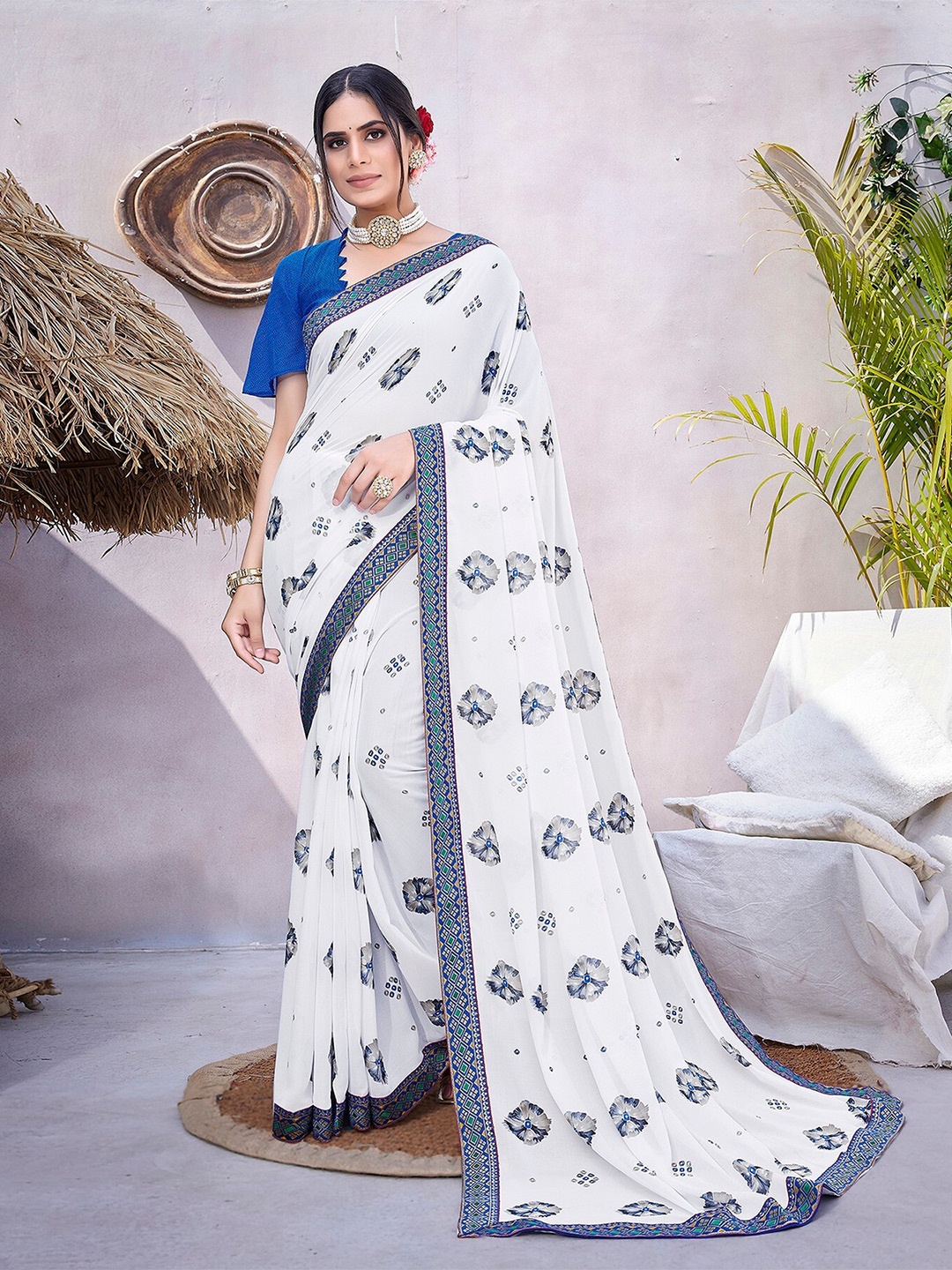 

KALINI Floral Printed Zari Saree, Blue