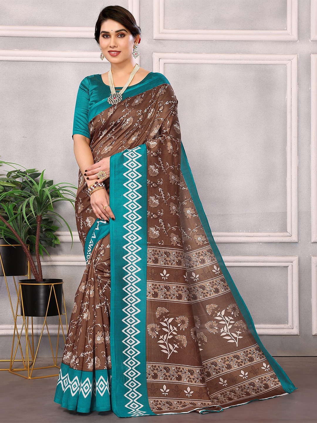 

KALINI Floral Printed Art Silk Saree, Teal