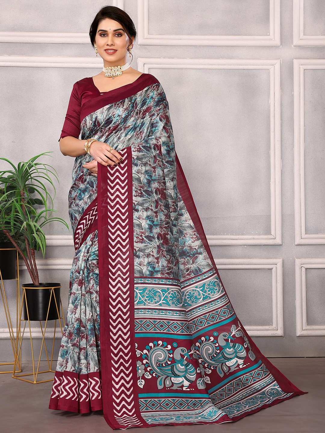 

KALINI Floral Art Silk Saree, Maroon