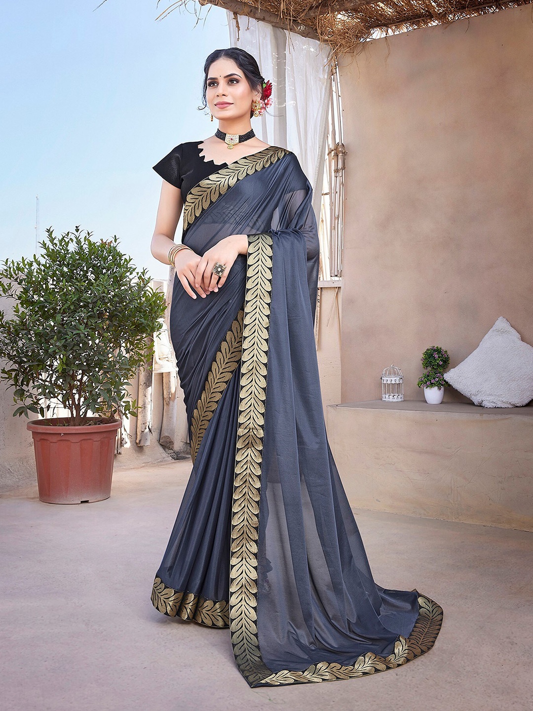 

KALINI Zari Saree, Grey