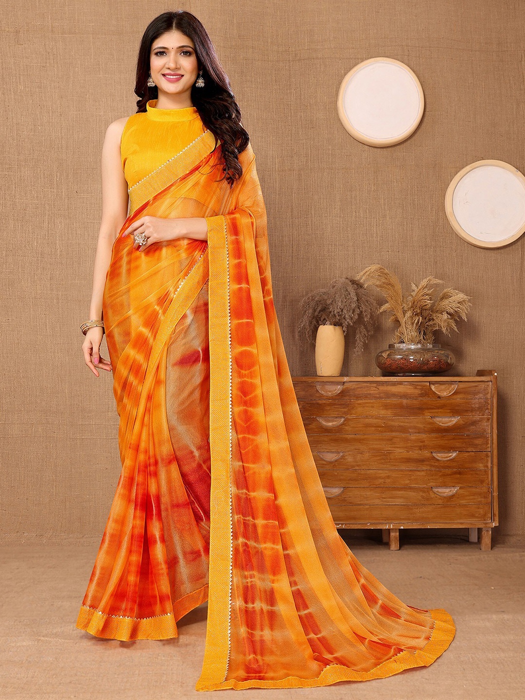 

KALINI Leheriya Printed Saree, Orange