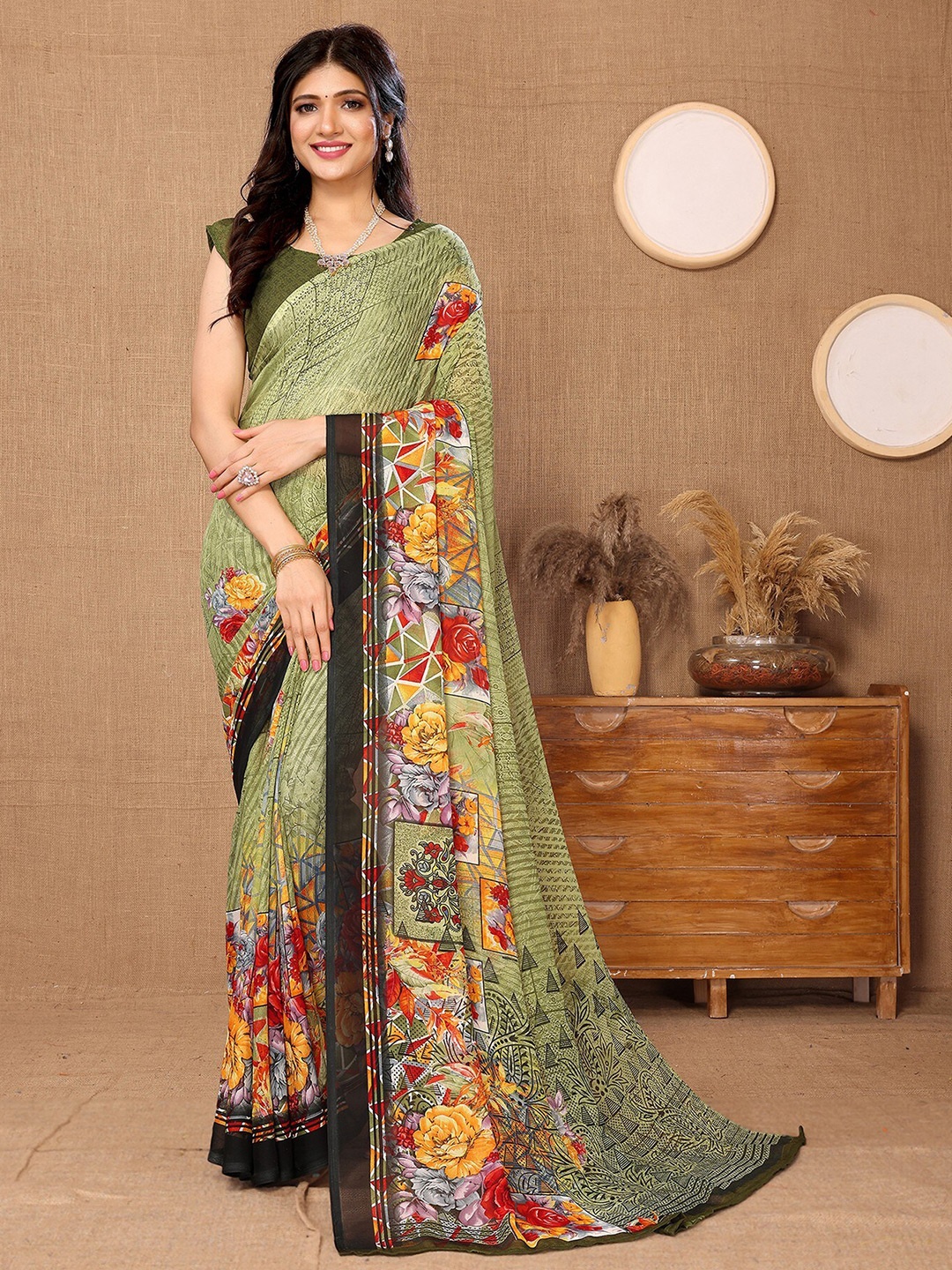

KALINI Floral Printed Leheriya Saree, Green