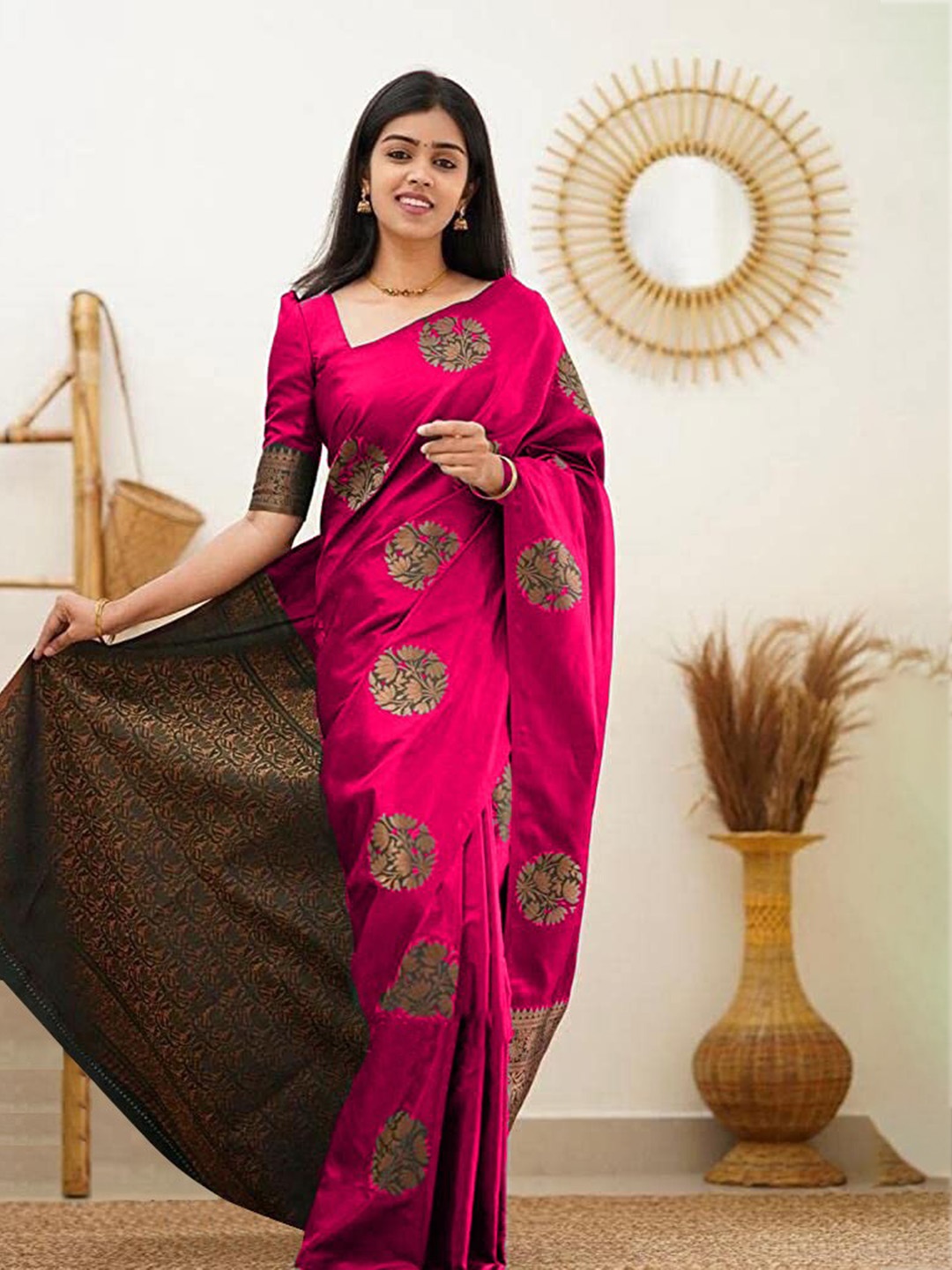 

KALINI Ethnic Woven Design Zari Silk Cotton Kanjeevaram Saree, Pink