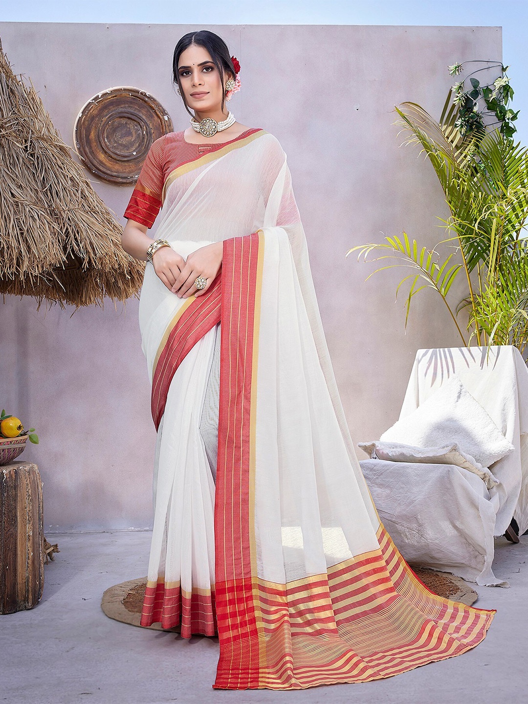 

KALINI Zari Silk Cotton Kanjeevaram Saree, White