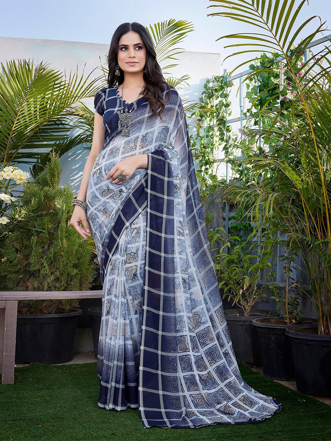 

KALINI Floral Printed Leheriya Saree, Navy blue