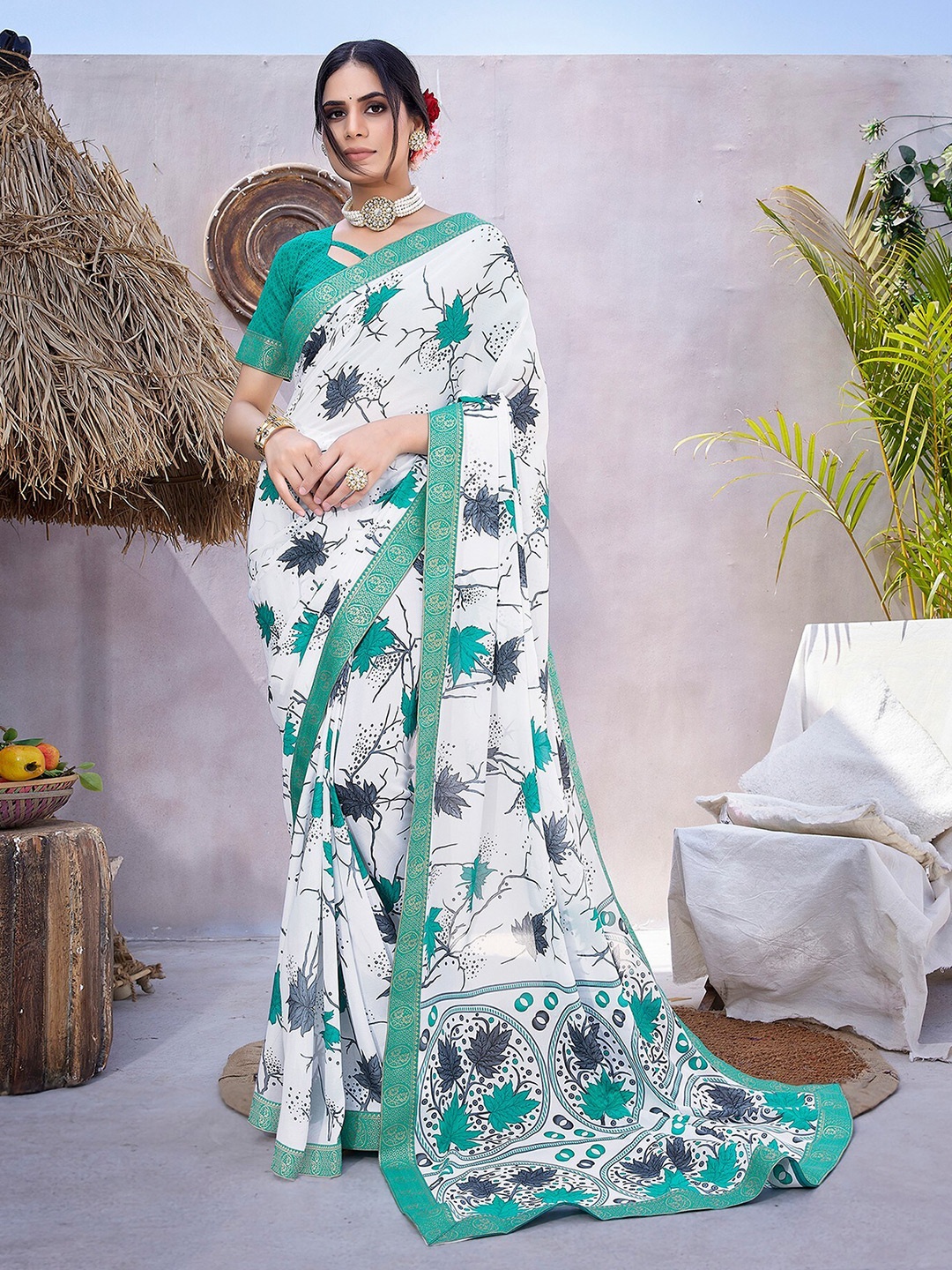 

KALINI Floral Printed Saree, Teal