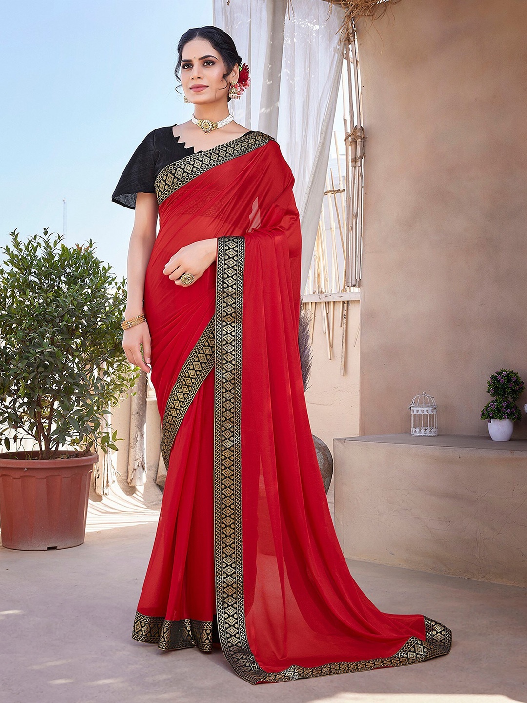 

KALINI Woven Design Border Saree, Red