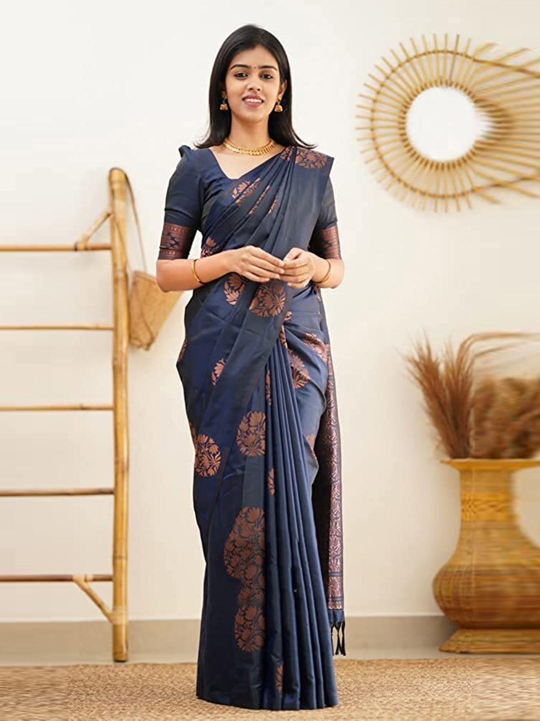 

KALINI Woven Design Zari Silk Cotton Kanjeevaram Saree, Navy blue