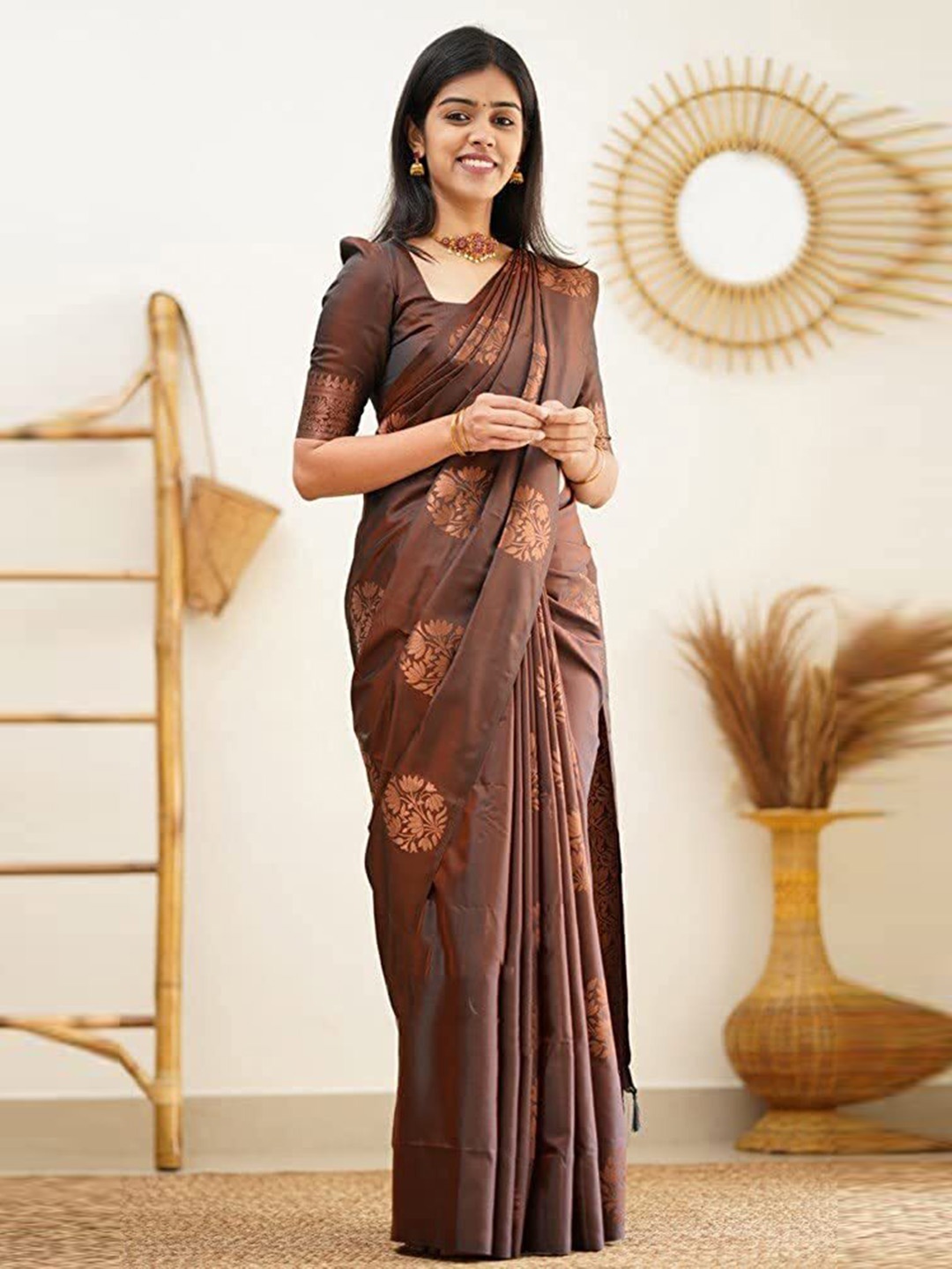 

KALINI Ethnic Woven Design Zari Silk Cotton Kanjeevaram Saree, Brown