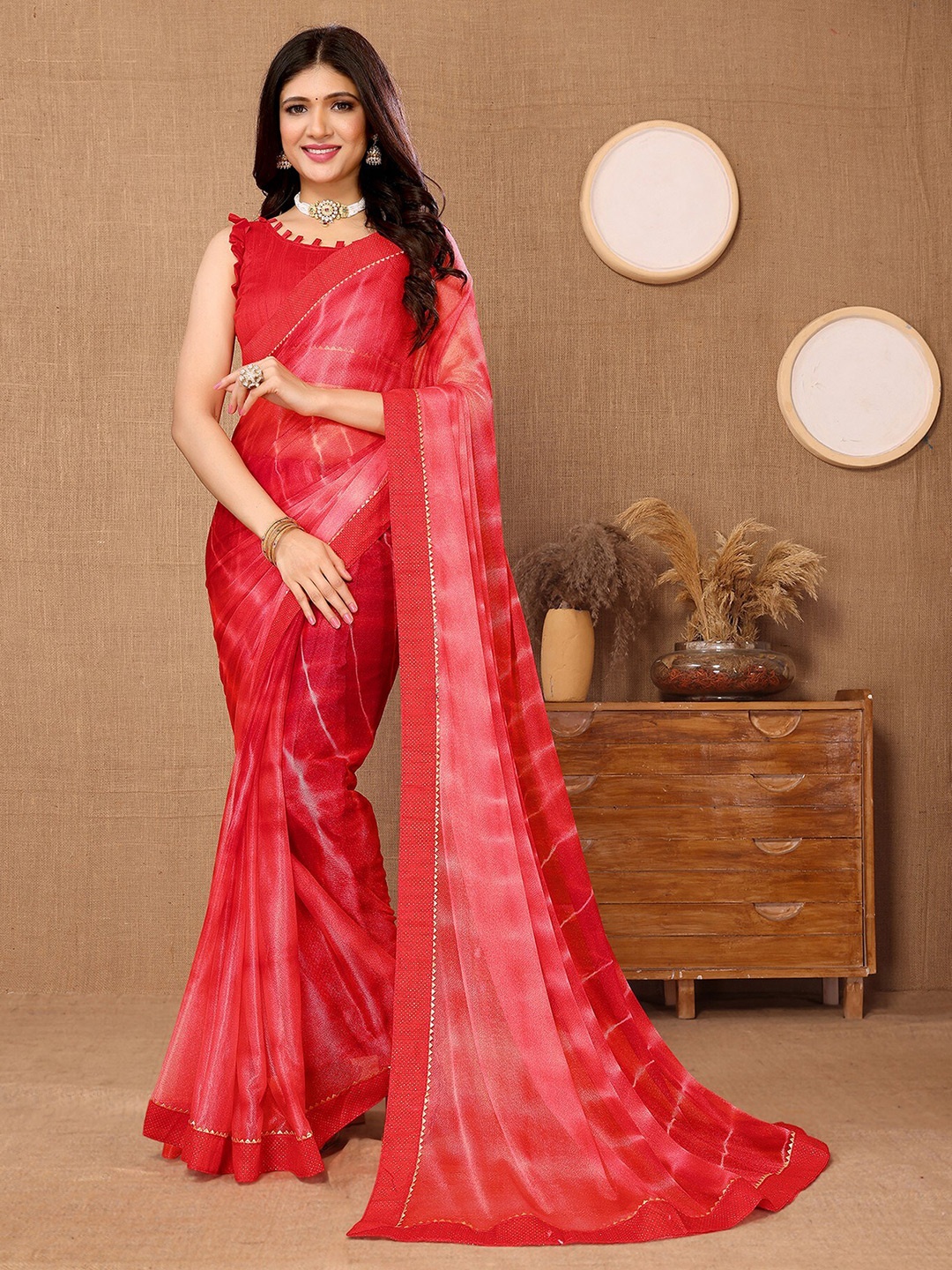 

KALINI Striped Leheriya Saree, Red