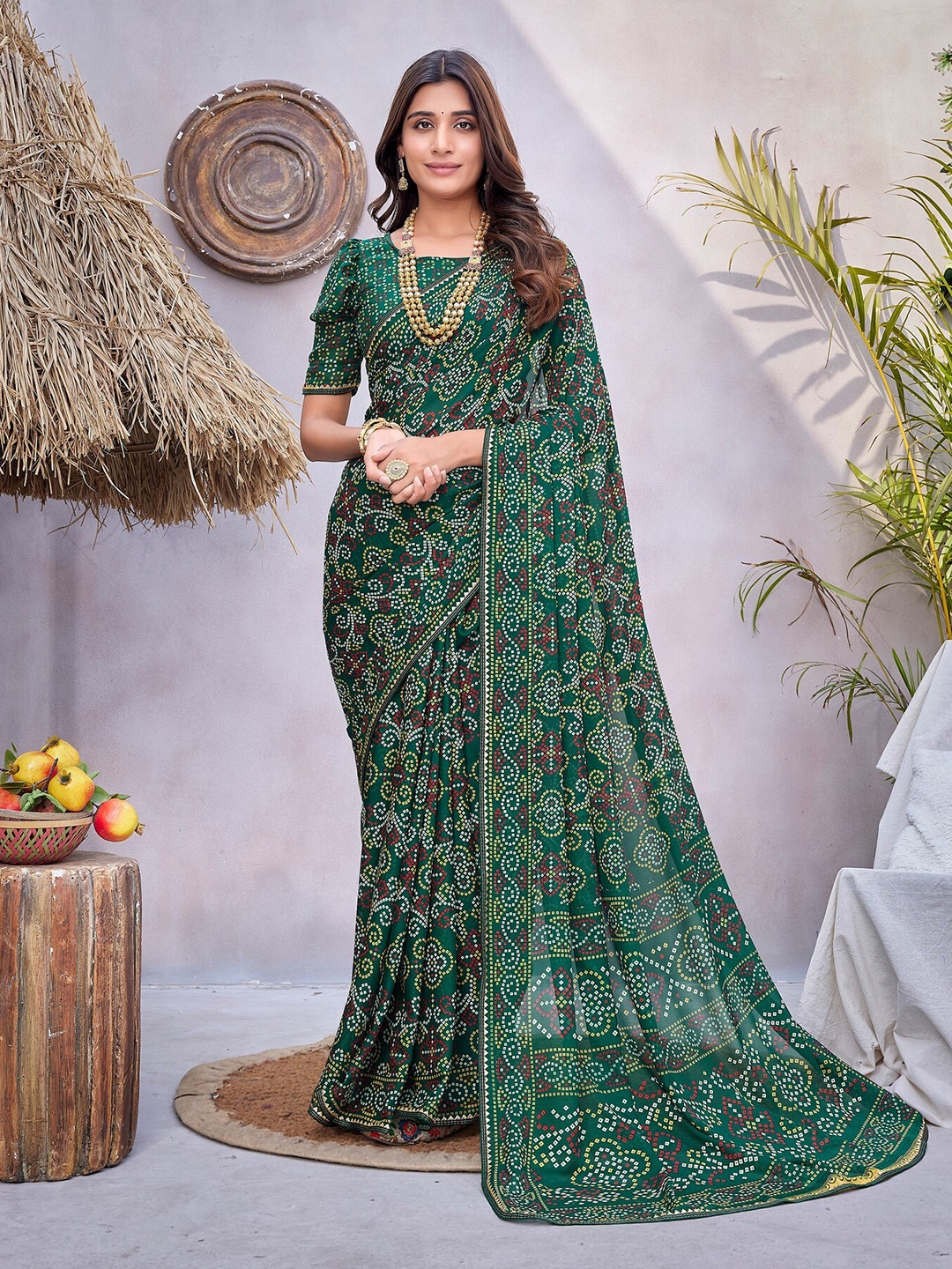

KALINI Bandhani Gotta Patti Leheriya Saree, Green