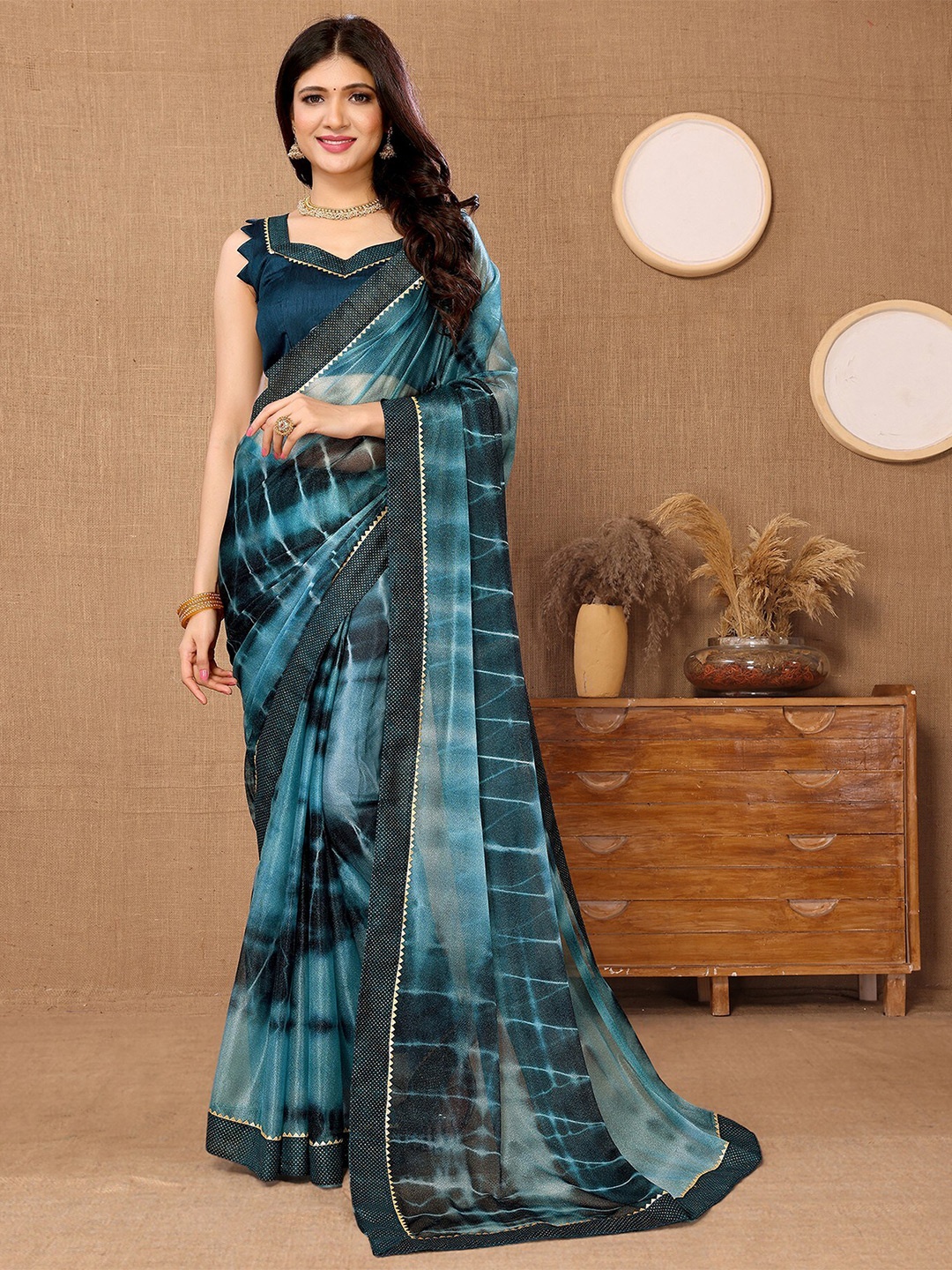 

KALINI Tie and Dye Gotta Patti Leheriya Saree, Teal