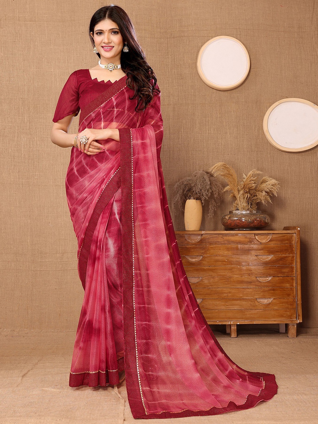 

KALINI Tie And Dye Printed Gotta Patti Saree, Maroon