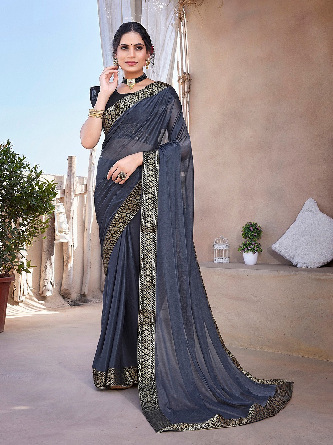 

KALINI Zari Saree, Grey