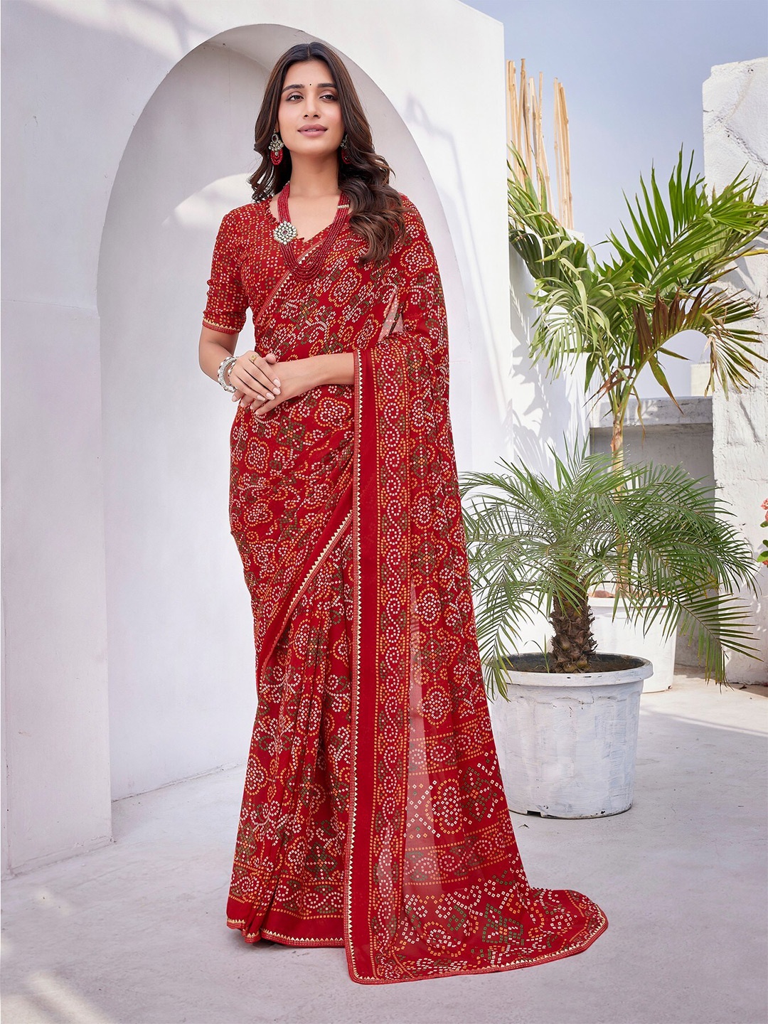 

KALINI Bandhani Gotta Patti Bandhani Saree, Red