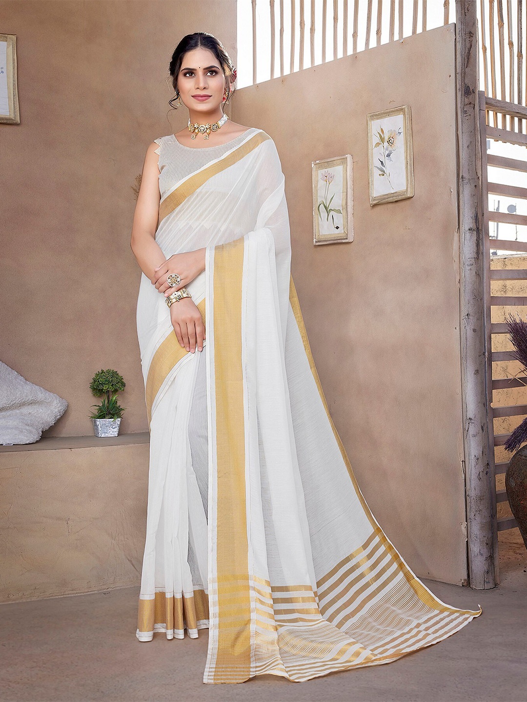 

KALINI Silk Cotton Zari Saree, White